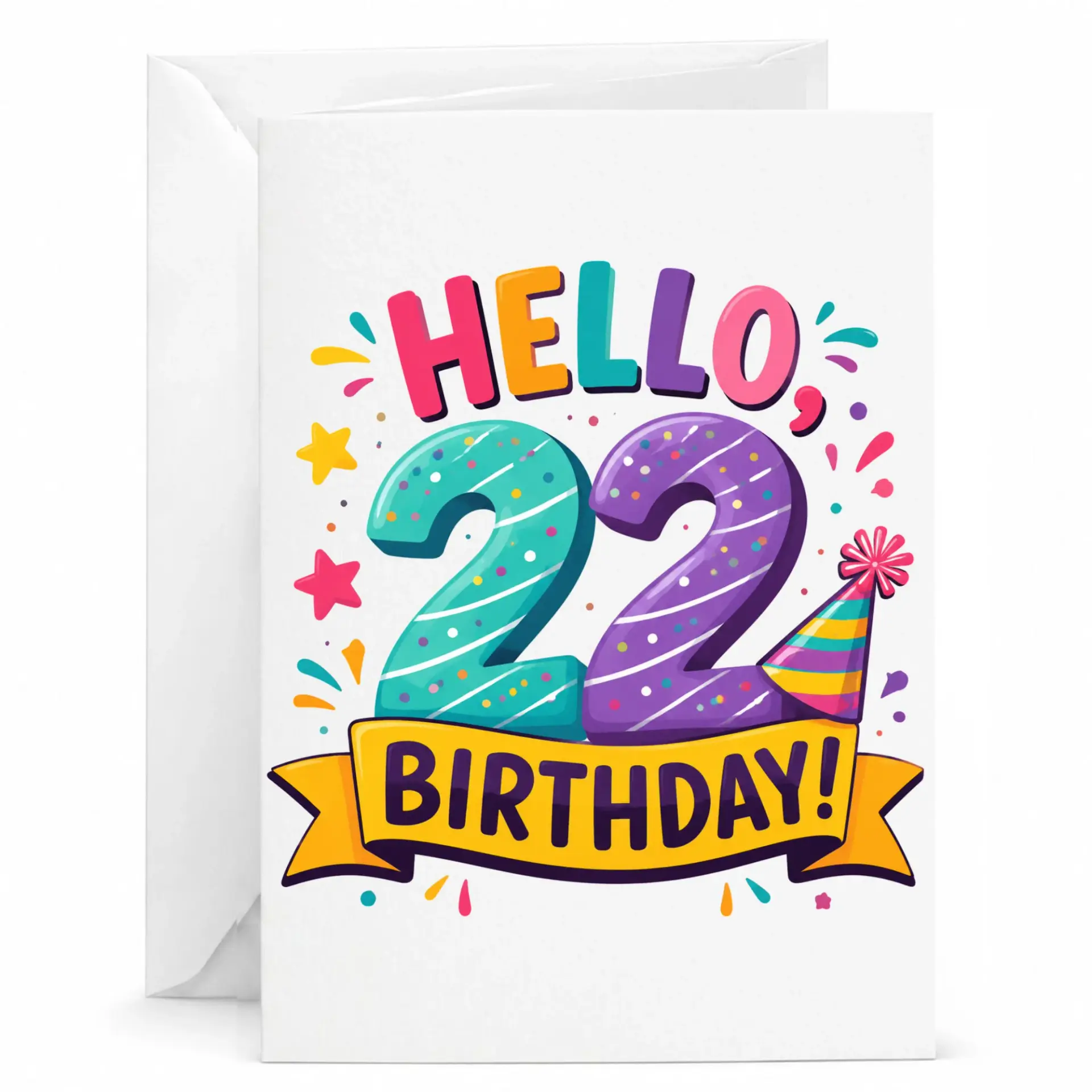 Birthday Card Hello 22 Birthday Party Greeting Card with Envelope, Vibrant Colorful Twenty Second Birthday Stationery