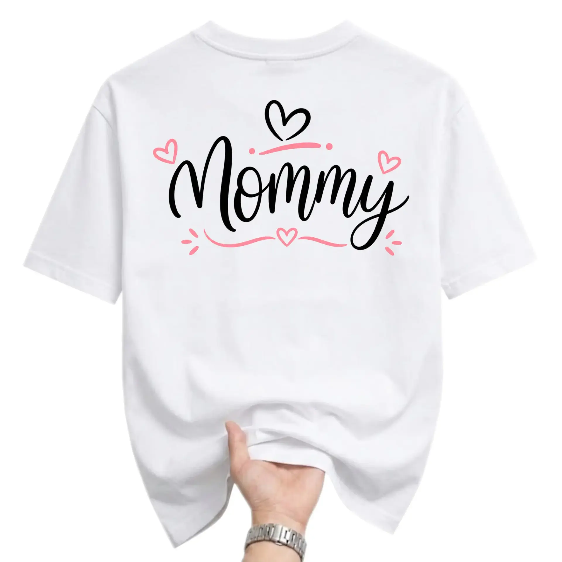 Graphic Tee Mommy Script Lettering with Hearts Design Unisex Crew Neck
