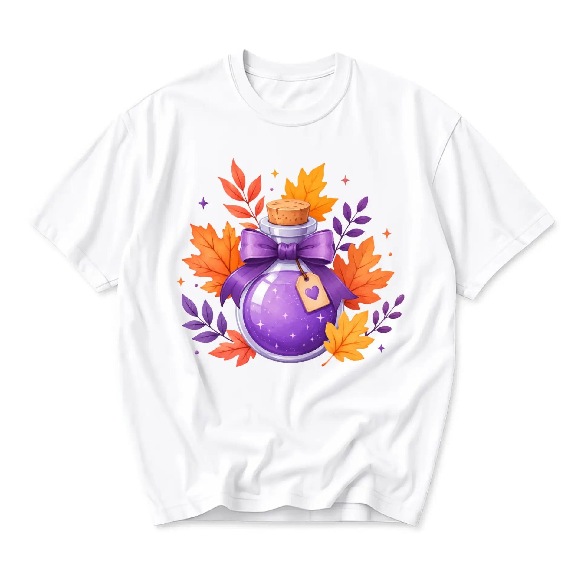 Graphic Tee Autumn Magic Potion Bottle Print Unisex Crew Neck Shirt for Casual Everyday Wear and Seasonal Style