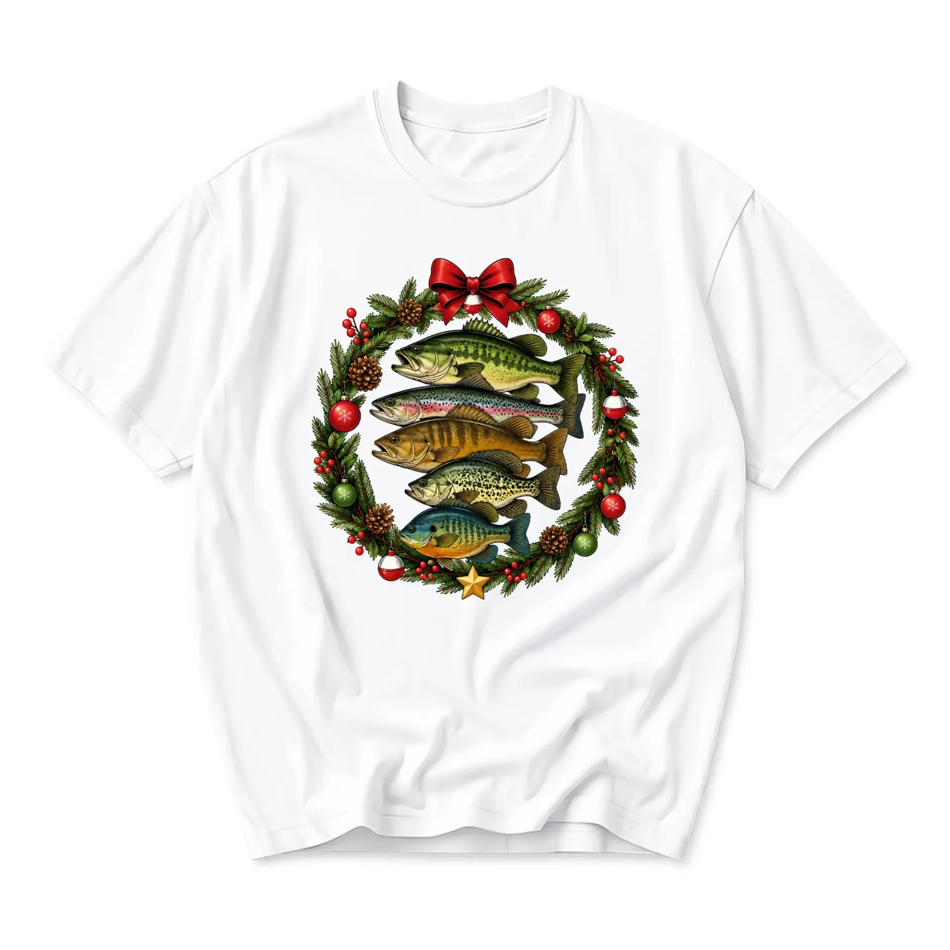 Graphic Tee Featuring a Christmas Wreath Made of Various Fish Species Artistic Unisex Casual Crew Neck T-Shirt