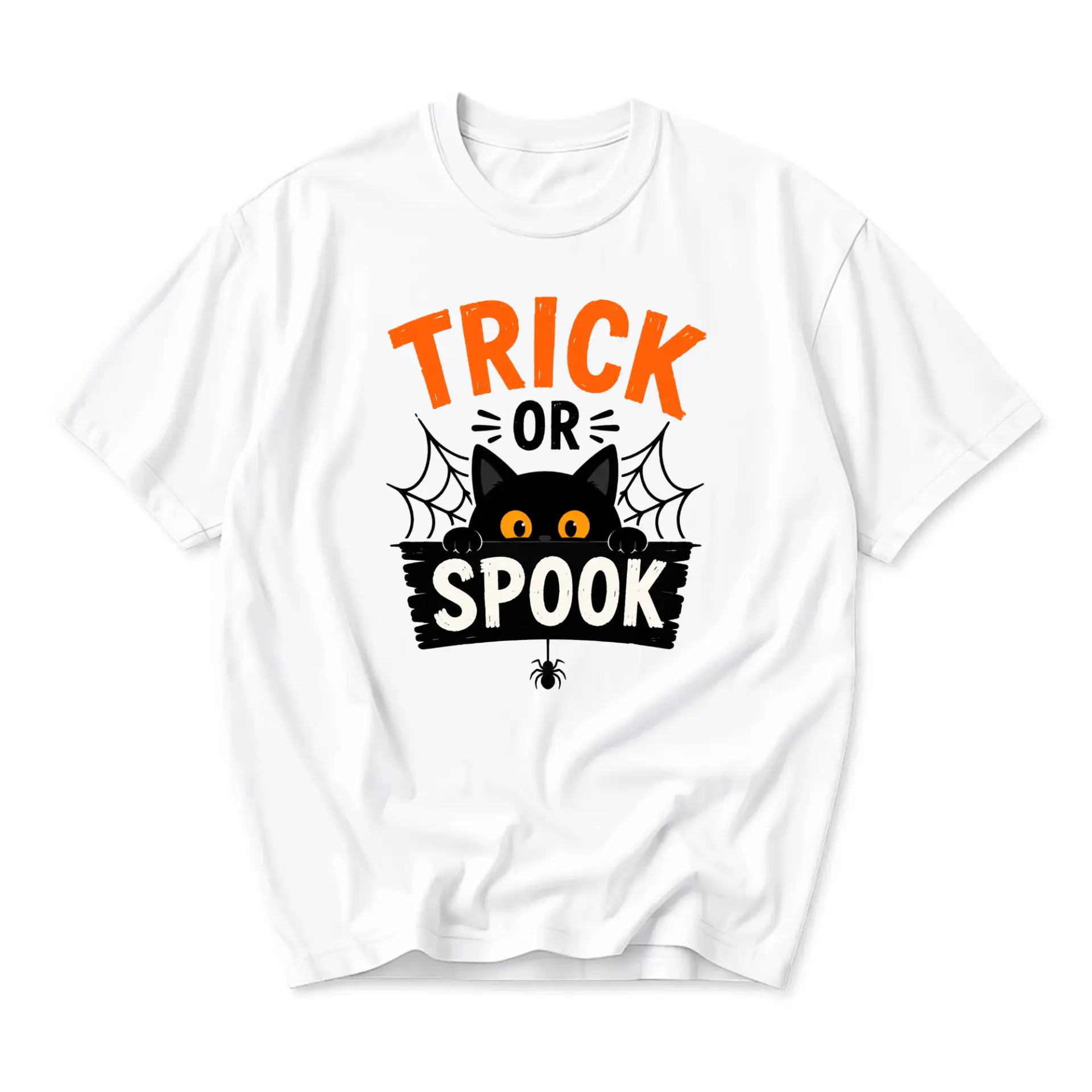 Graphic Tee Trick or Spook Black Cat Halloween Apparel Unisex Crew Neck Short Sleeve Soft Cotton Casual Everyday Shirt