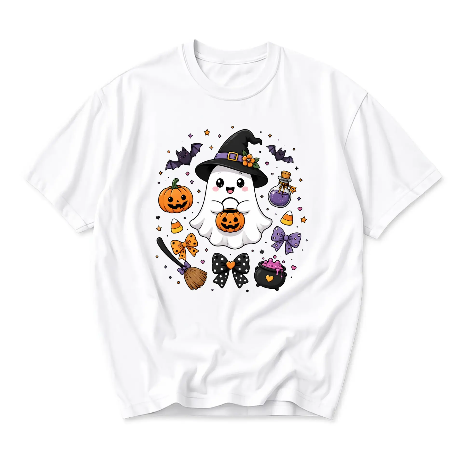 Funny Shirt Cute Ghost Witch with Pumpkin Halloween Graphic Tee Soft Cotton Casual Unisex Crew Neck Seasonal Top
