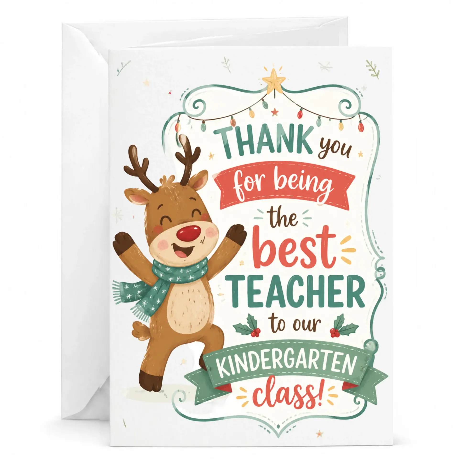 Thank You Card for Teacher Holiday Appreciation Greeting Card with Cute Reindeer Illustration and Envelope 5x7 Inches