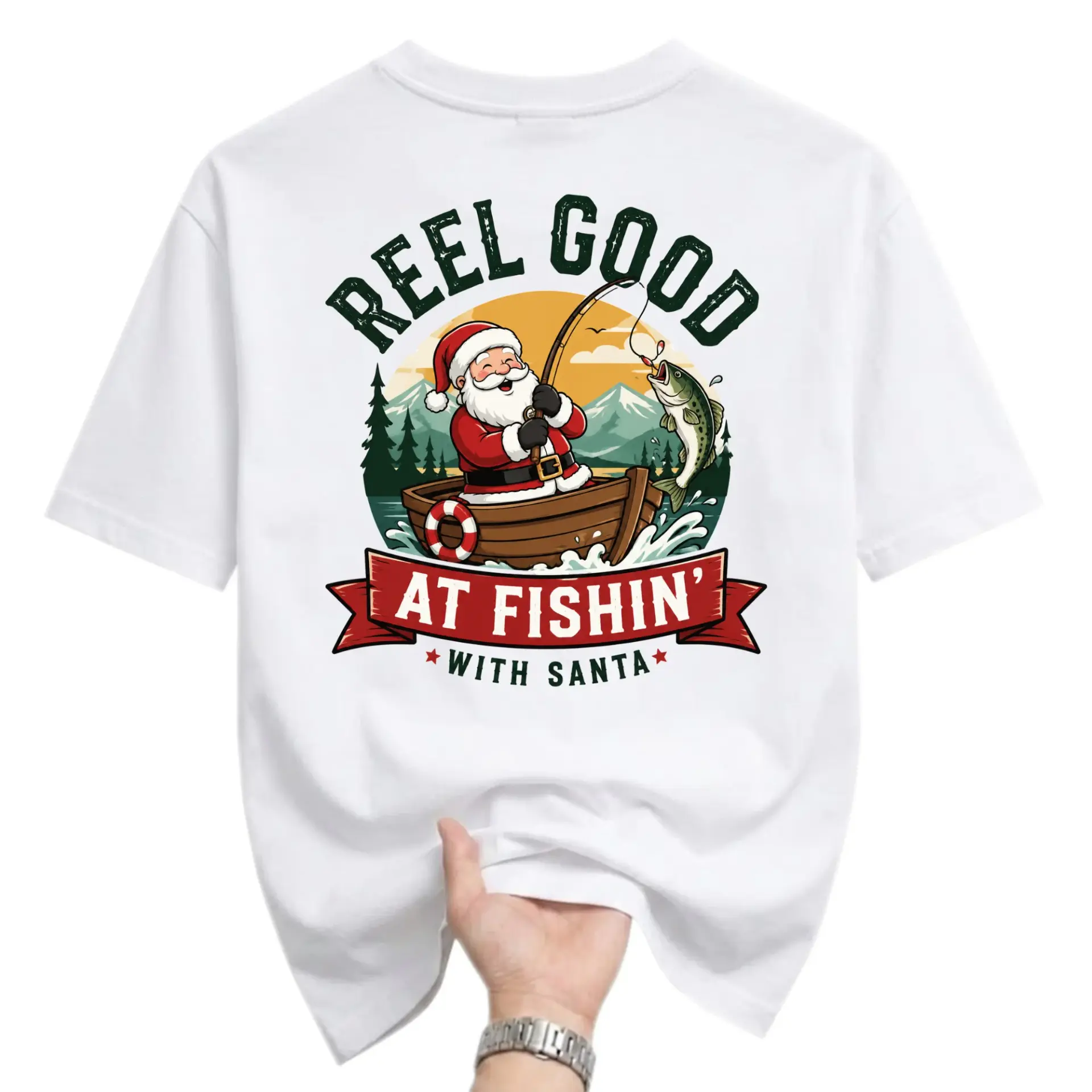 Graphic Tee Reel Good at Fishin with Santa Fishing Holiday Unisex Crew Neck Casual Everyday Short Sleeve Cotton Shirt