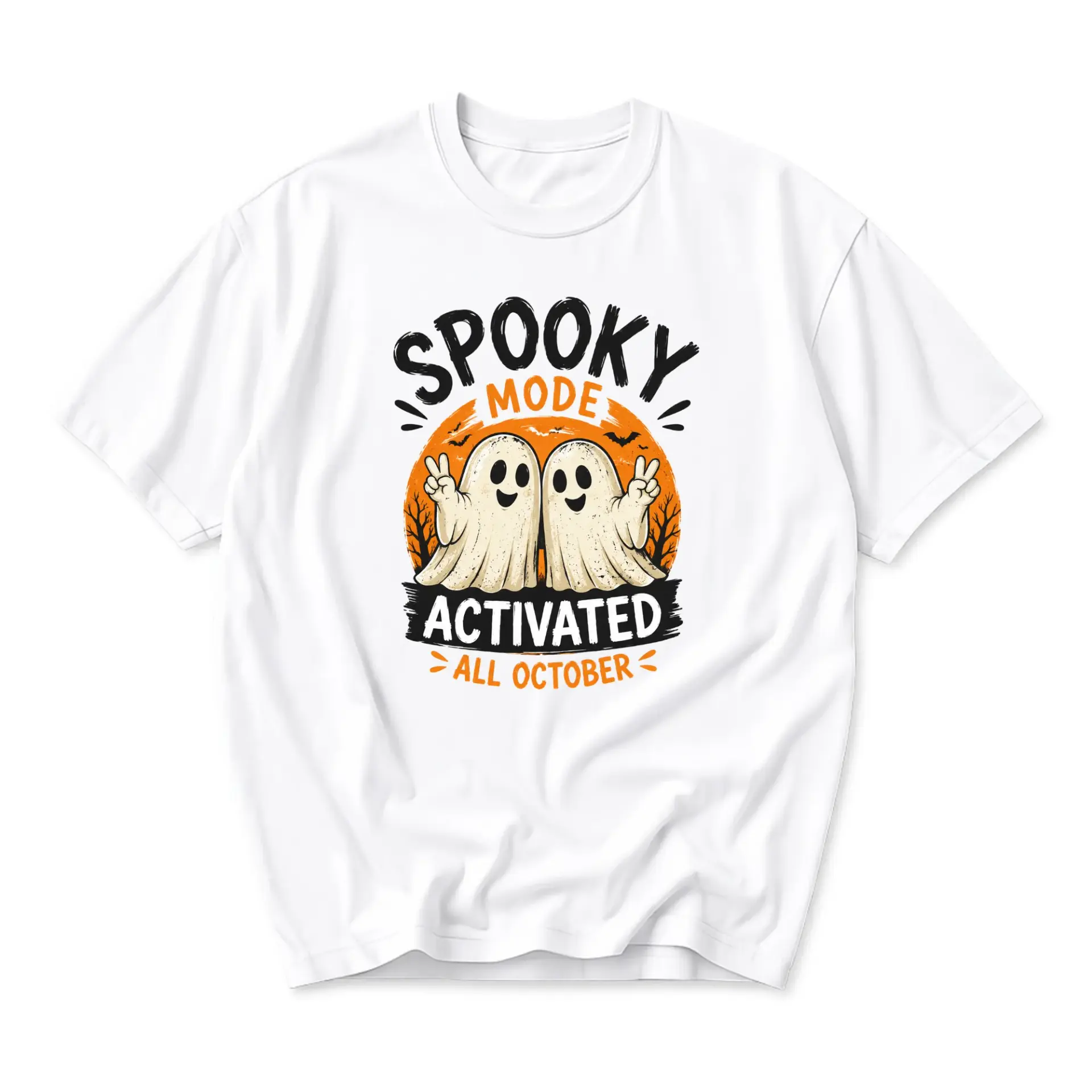 Funny Shirt Spooky Mode Activated All October Graphic Tee Unisex Crew Neck Seasonal Holiday Apparel for Casual Wear