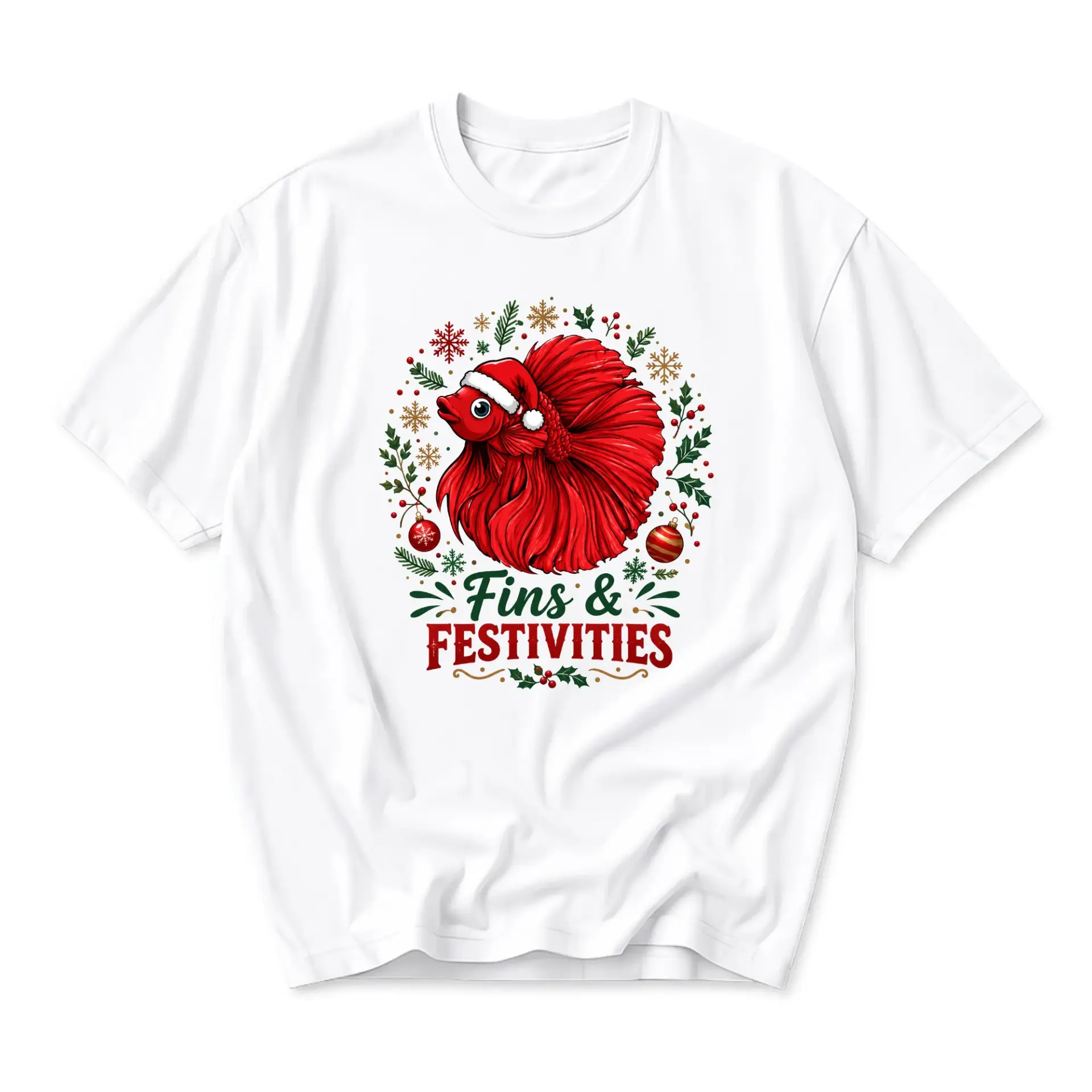 Funny Shirt Fins and Festivities Red Fish Christmas Graphic Tee Casual