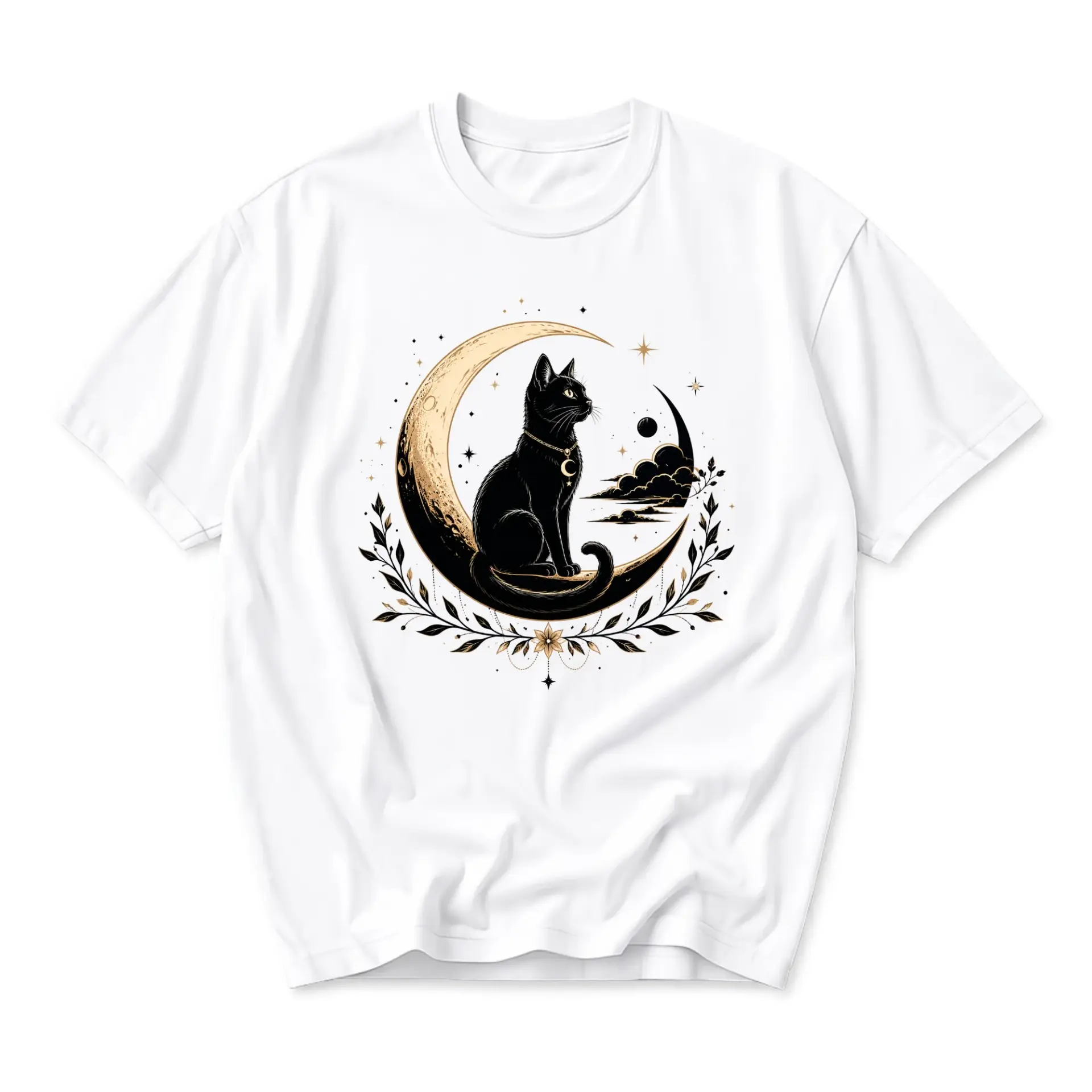 Graphic Tee Black Cat Sitting on Crescent Moon Celestial Mystical Art Print Casual Unisex Short Sleeve Crew Neck Top