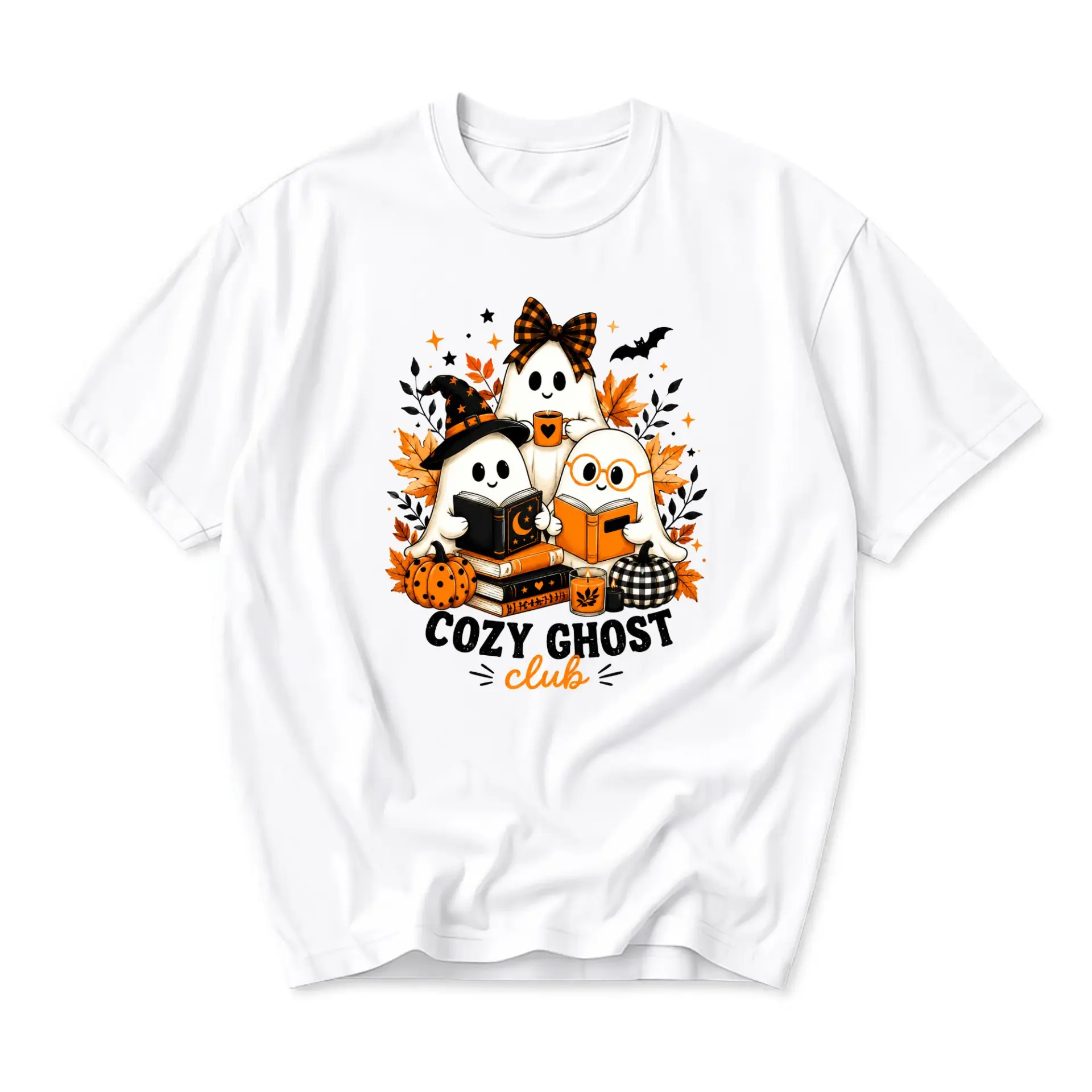 Funny Shirt Cozy Ghost Club Graphic Tee Autumn Aesthetic Reading Pumpkin Illustration Unisex Cotton Casual Apparel
