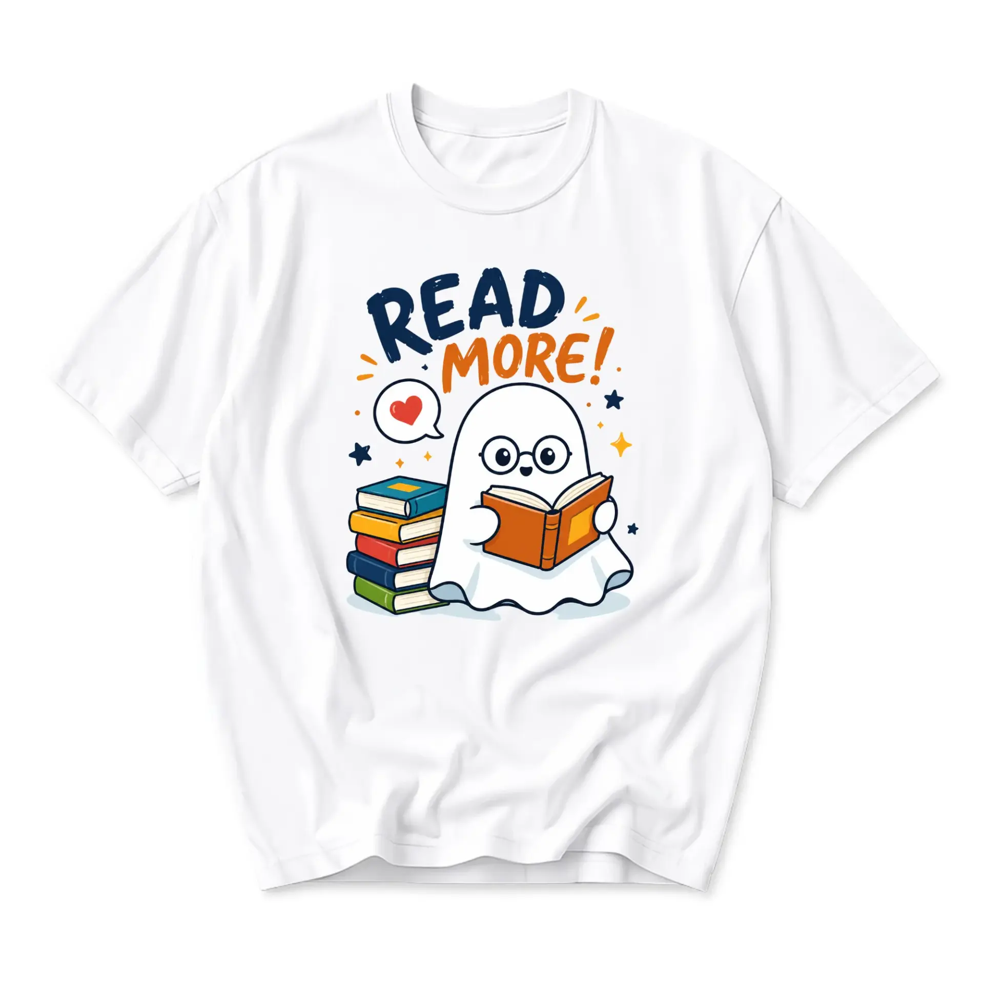 Funny Shirt Read More Ghost Graphic Tee Cute Bookworm Reading Illustration Unisex Crew Neck Short Sleeve Cotton Top