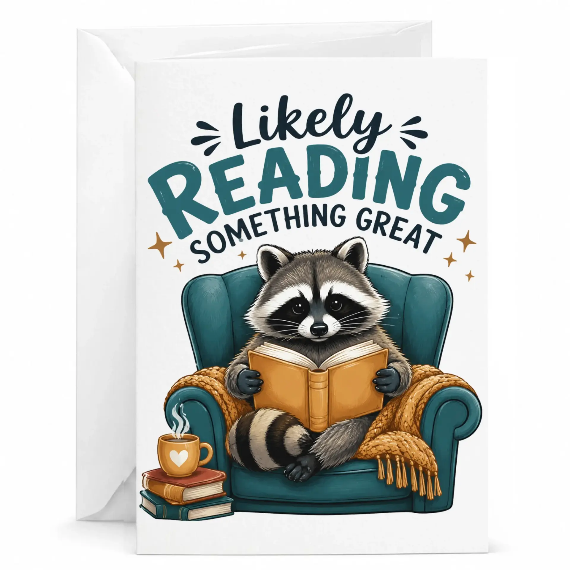 Funny Greeting Card Likely Reading Something Great Raccoon Bookworm Theme for Book Lovers and Readers