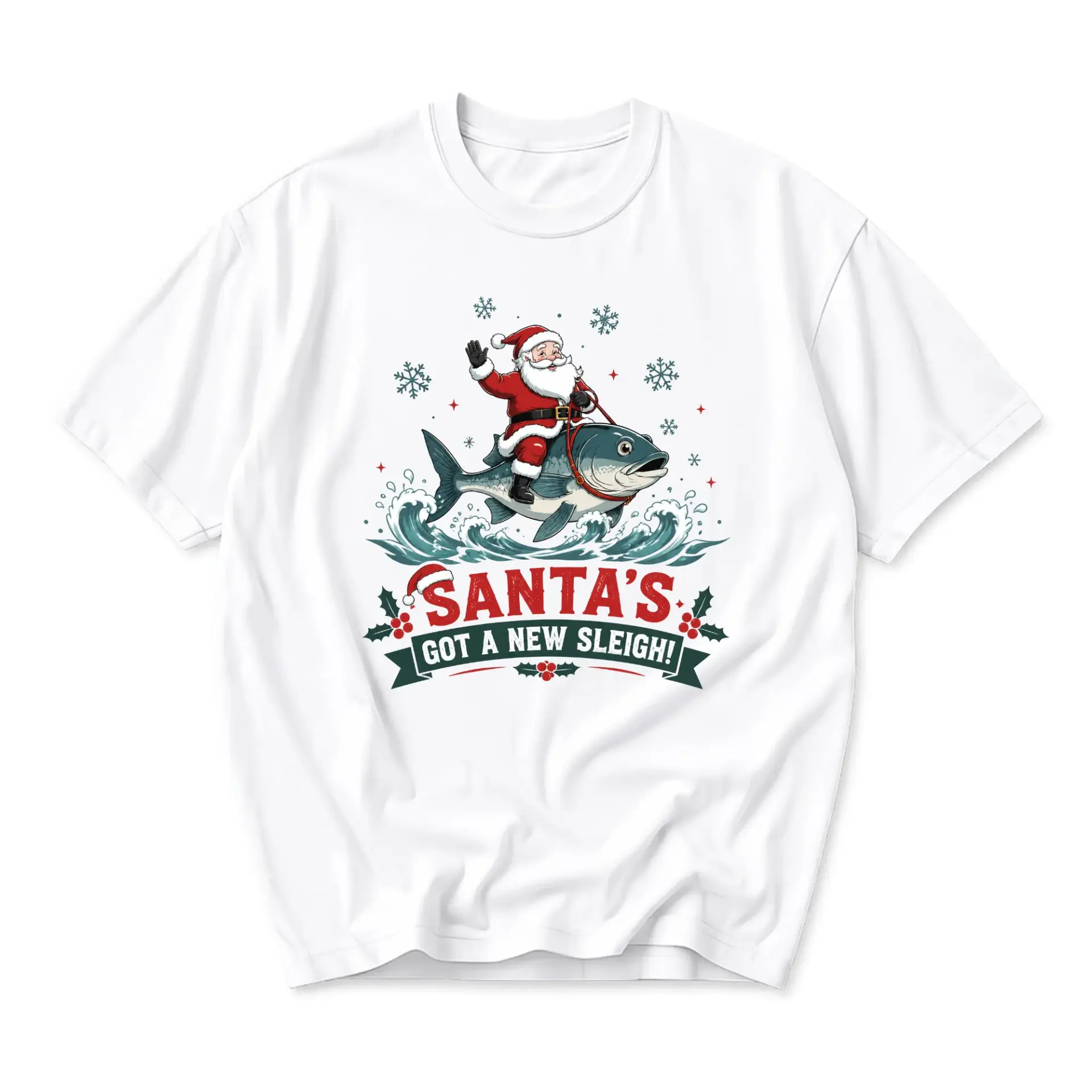 Funny Shirt Santa Riding a Fish Graphic Tee Holiday Unisex Crew Neck Casual Cotton Blend Short Sleeve T-Shirt Top
