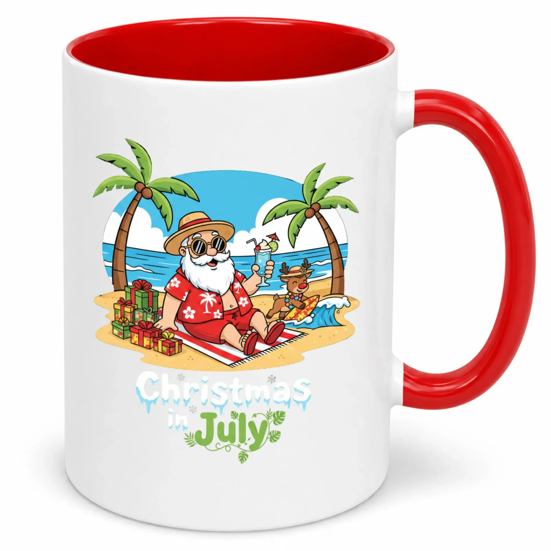 Funny Christmas in July Coffee Mug, Ceramic Summer Beach Santa Holiday Themed Drinkware Vacation Style Beverage Cup