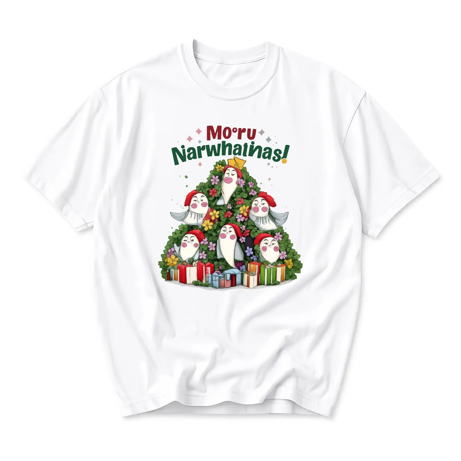 Funny Shirt Mo'ru Narwhatinas Christmas Tree Graphic Tee Casual Unisex Crew Neck Holiday Seasonal Short Sleeve Apparel