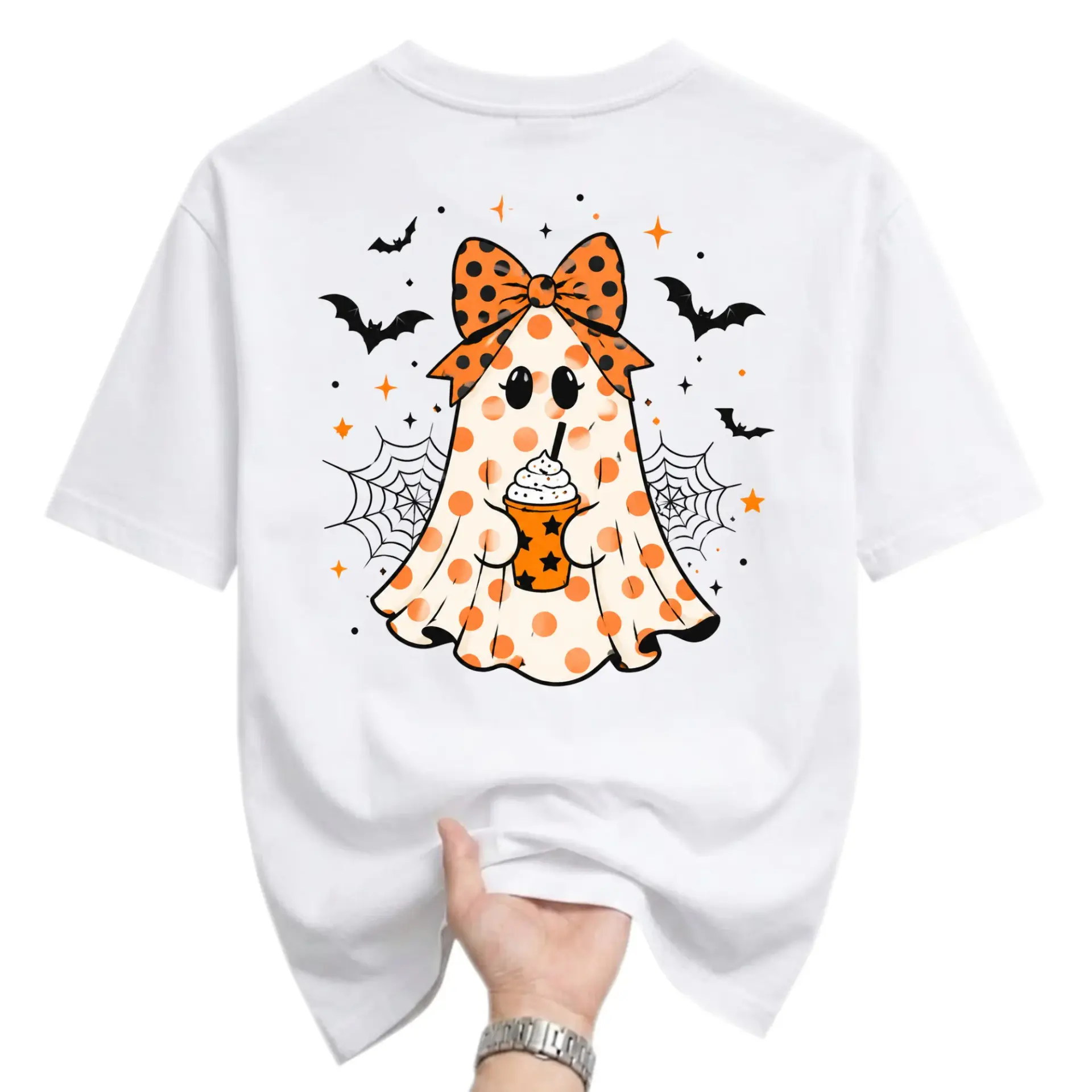 Graphic Tee Unisex Crew Neck Short Sleeve Shirt Featuring a Cute Polka Dot Ghost with a Coffee Cup Design White
