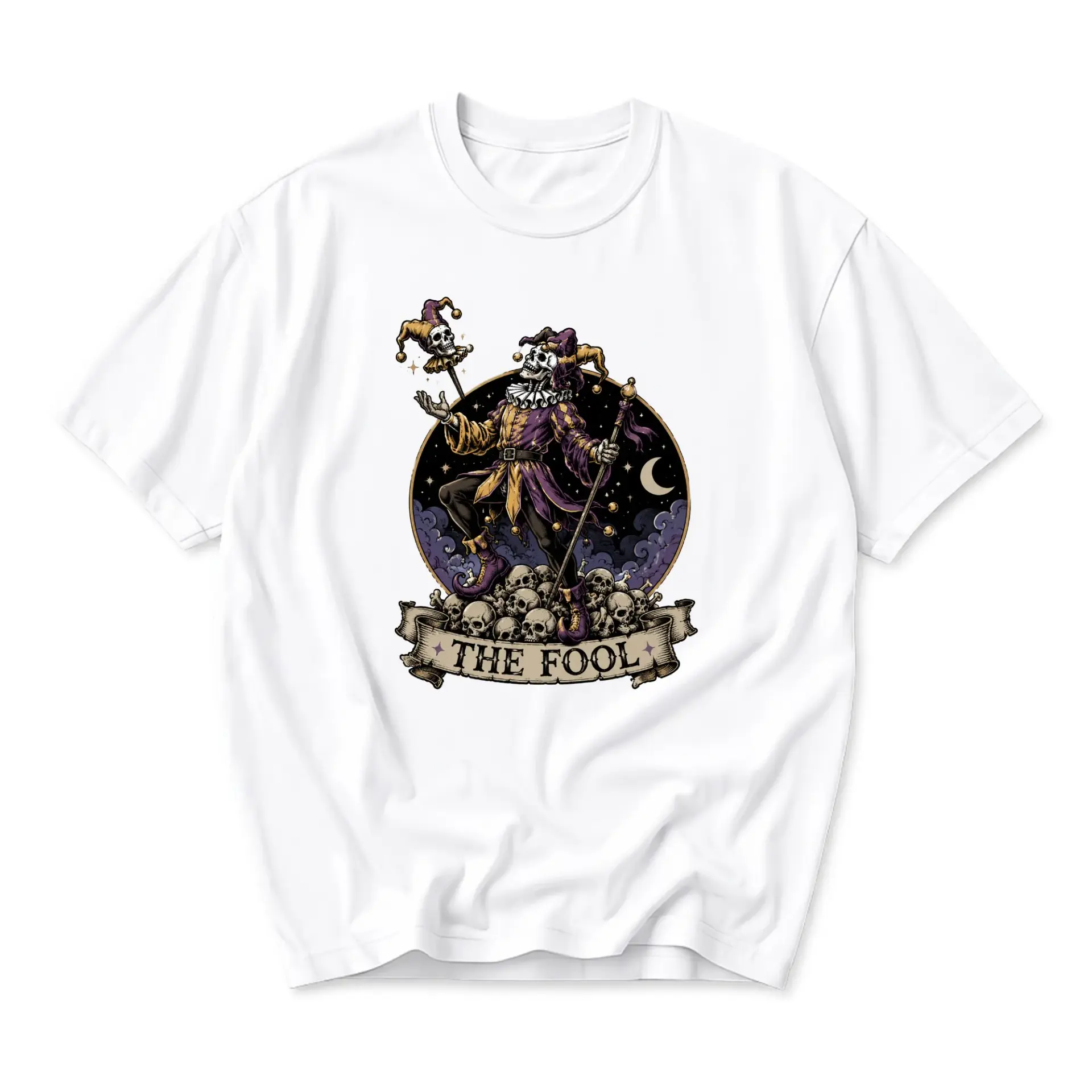 Graphic Tee the Fool Jester Skeleton Tarot Card Design Unisex Crew Neck Short Sleeve Casual Cotton T-Shirt