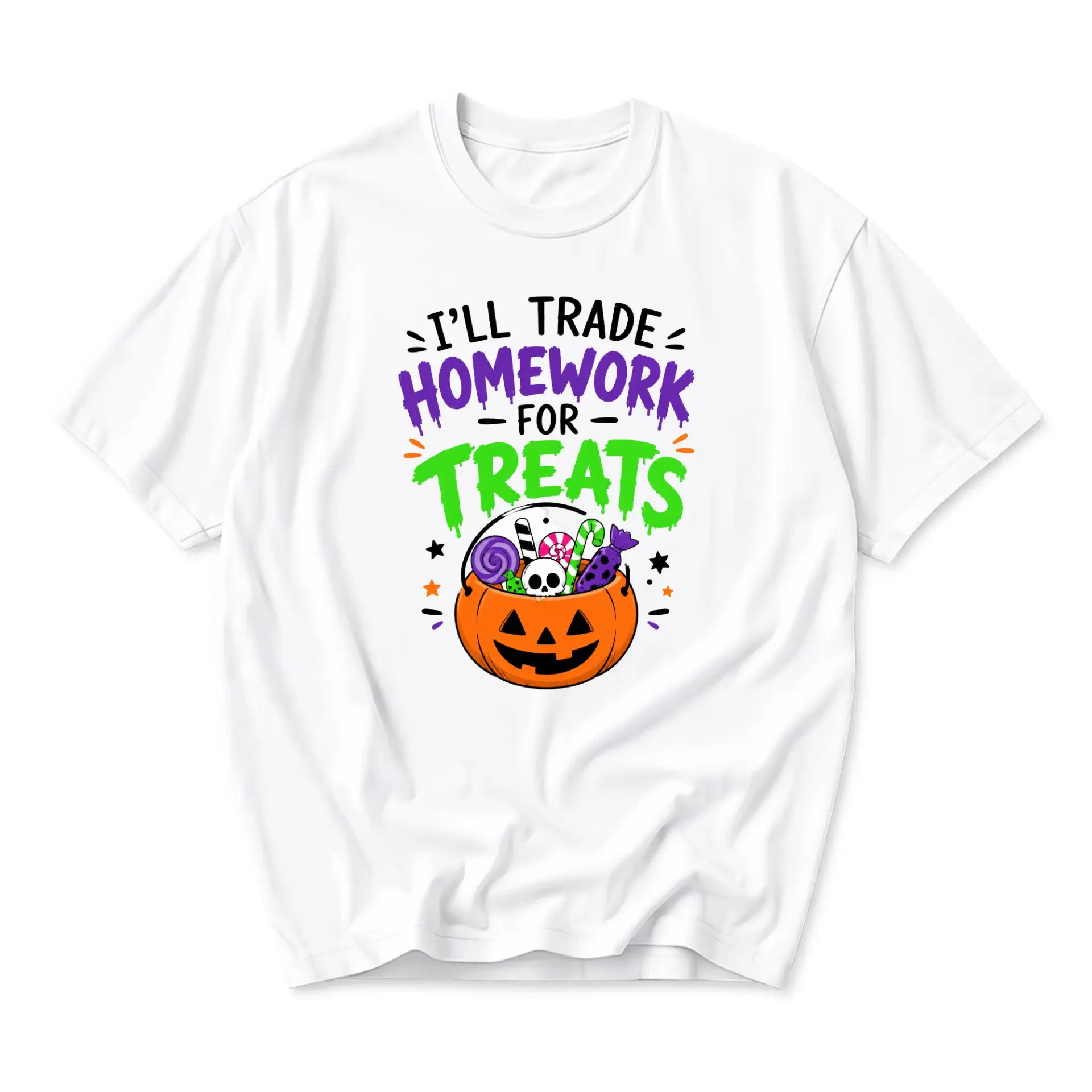 Funny Shirt I'll Trade Homework for Treats Graphic Tee Unisex Casual Cotton Crew Neck Short Sleeve Halloween Top