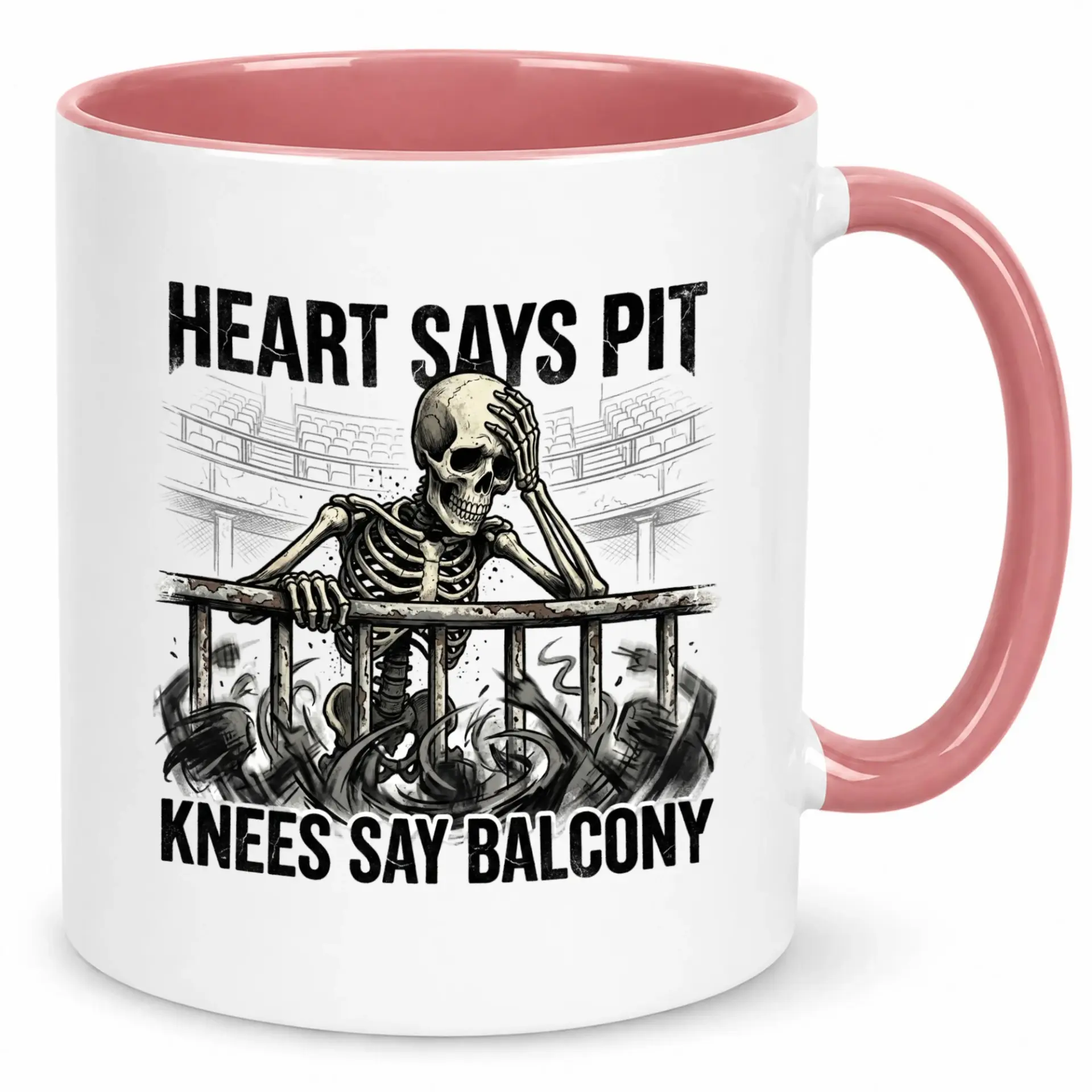 Funny Skeleton Heart Says Pit Knees Say Balcony Ceramic Coffee Mug for Concert Goers and Music Lovers Unique Beverage Cup Office or Home