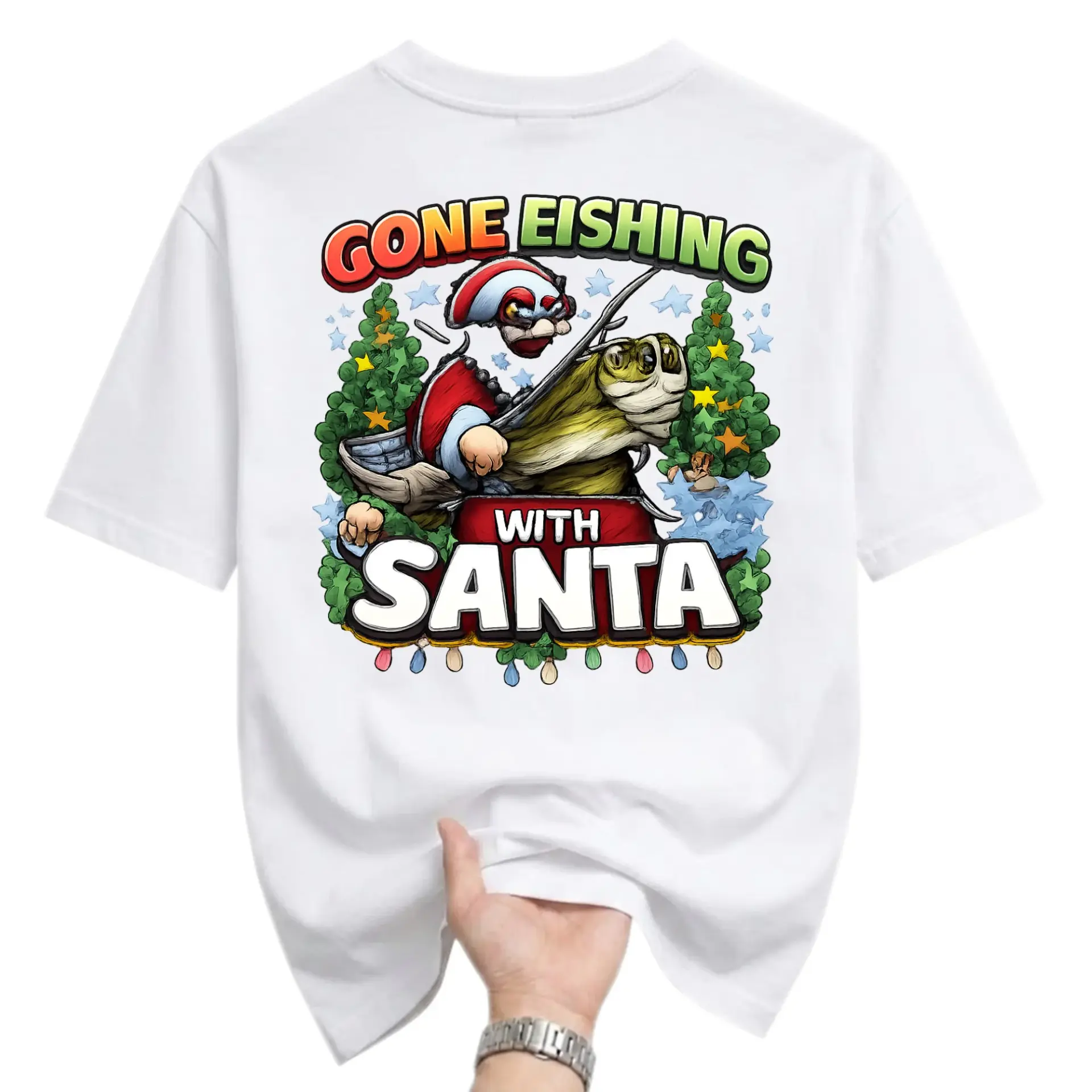 Funny Shirt Gone Fishing with Santa Unisex Graphic Printed T-Shirt Casual Holiday Apparel White Crew Neck Tee