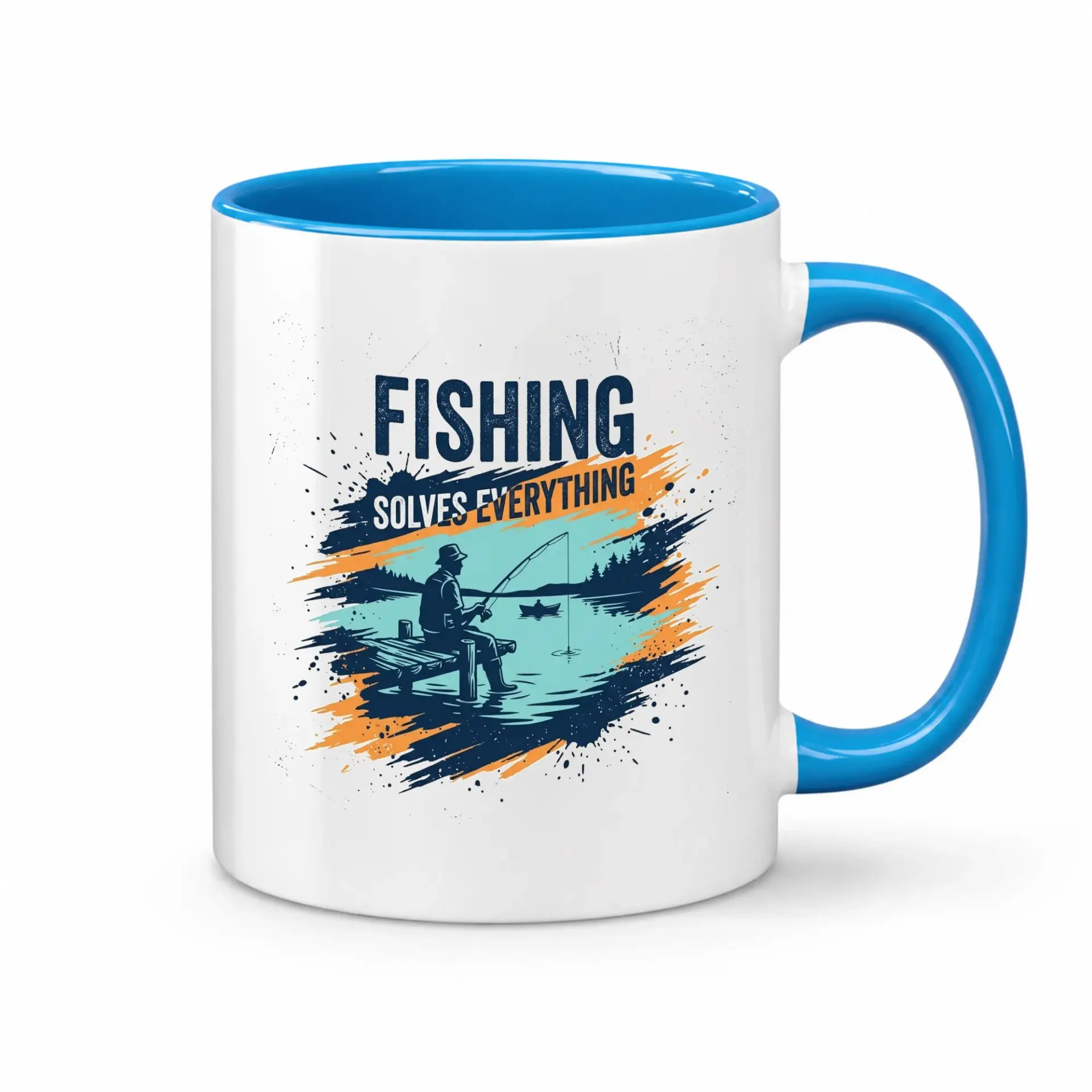 Fishing Solves Everything Two Ceramic Mug Outdoor Enthusiast Coffee Cup with Blue Handle and Rim Design 11 Ounce