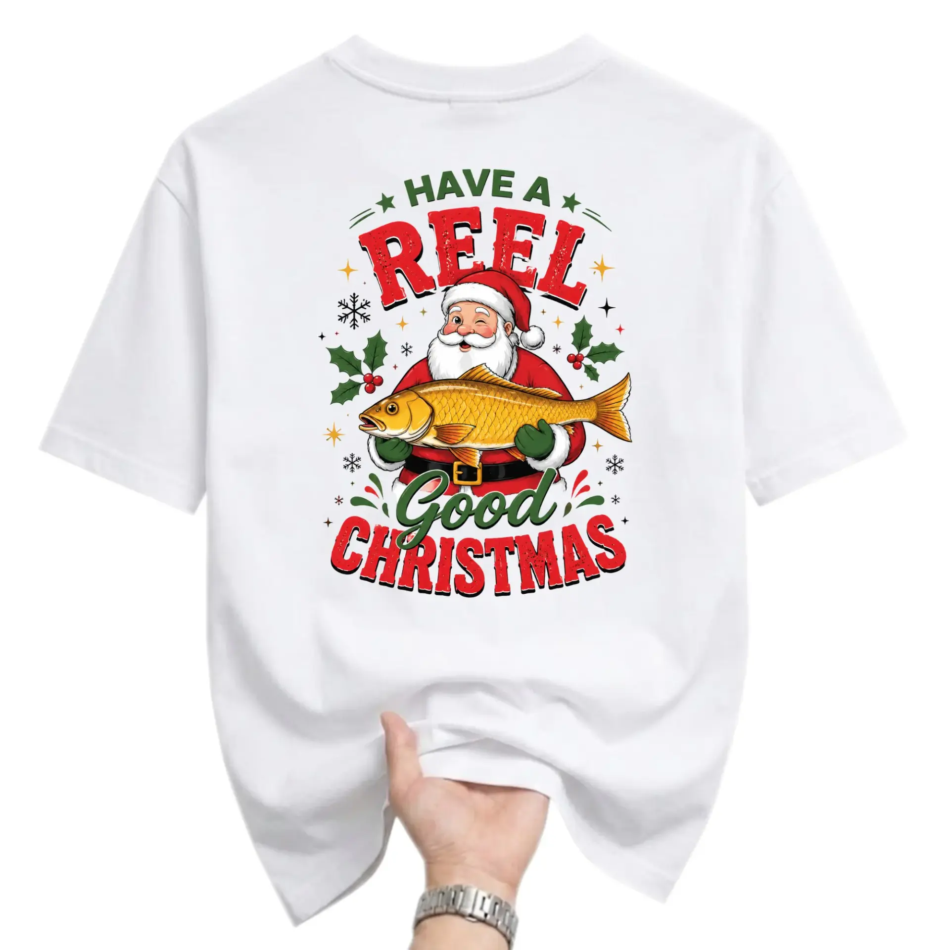 Funny Shirt Have a Reel Good Christmas Fishing Santa Graphic Tee Holiday Casual Short Sleeve Cotton Crew Neck Top