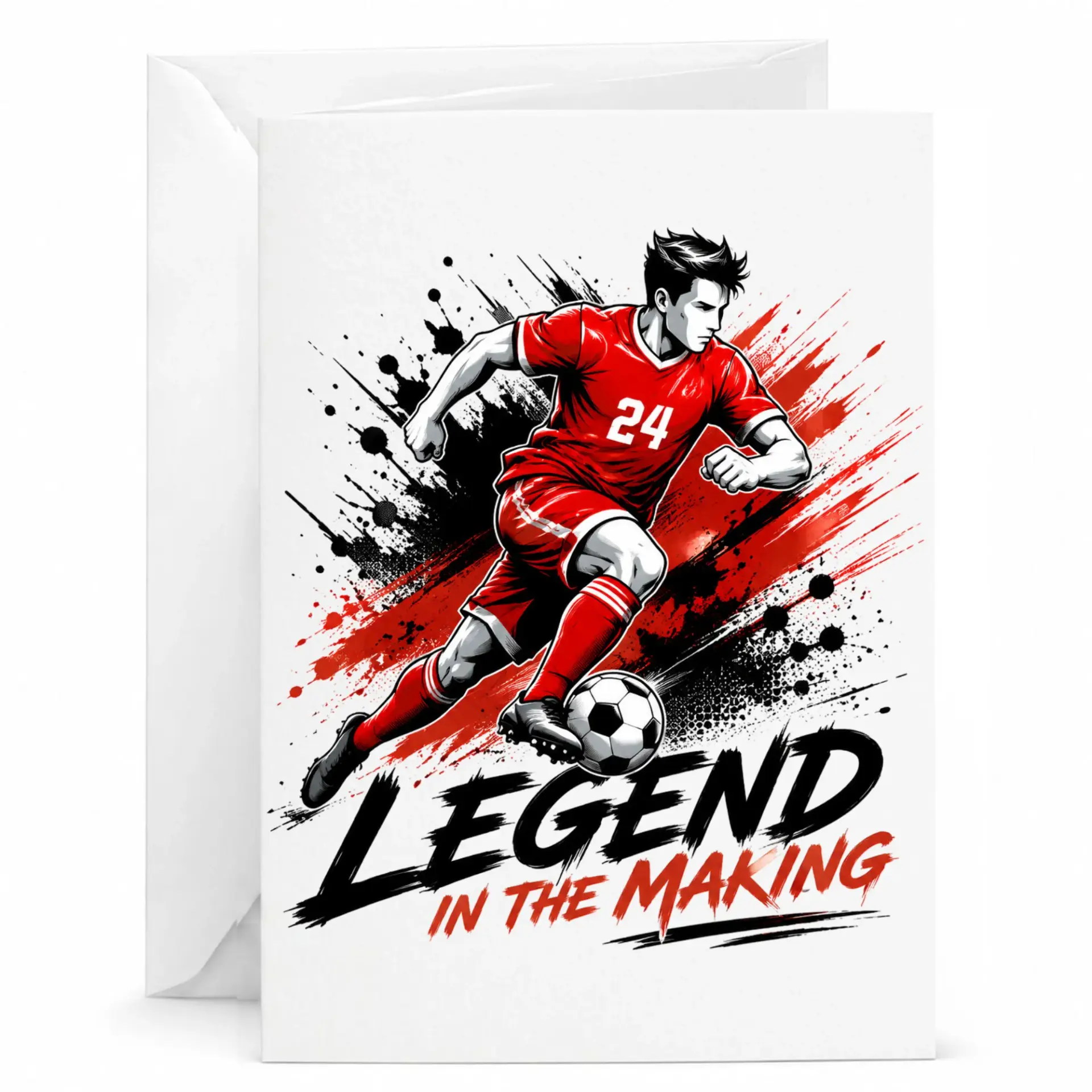 Greeting Card Legend in the Making Soccer Player Illustration for Athletes and Fans Featuring Dynamic Sports Art Design