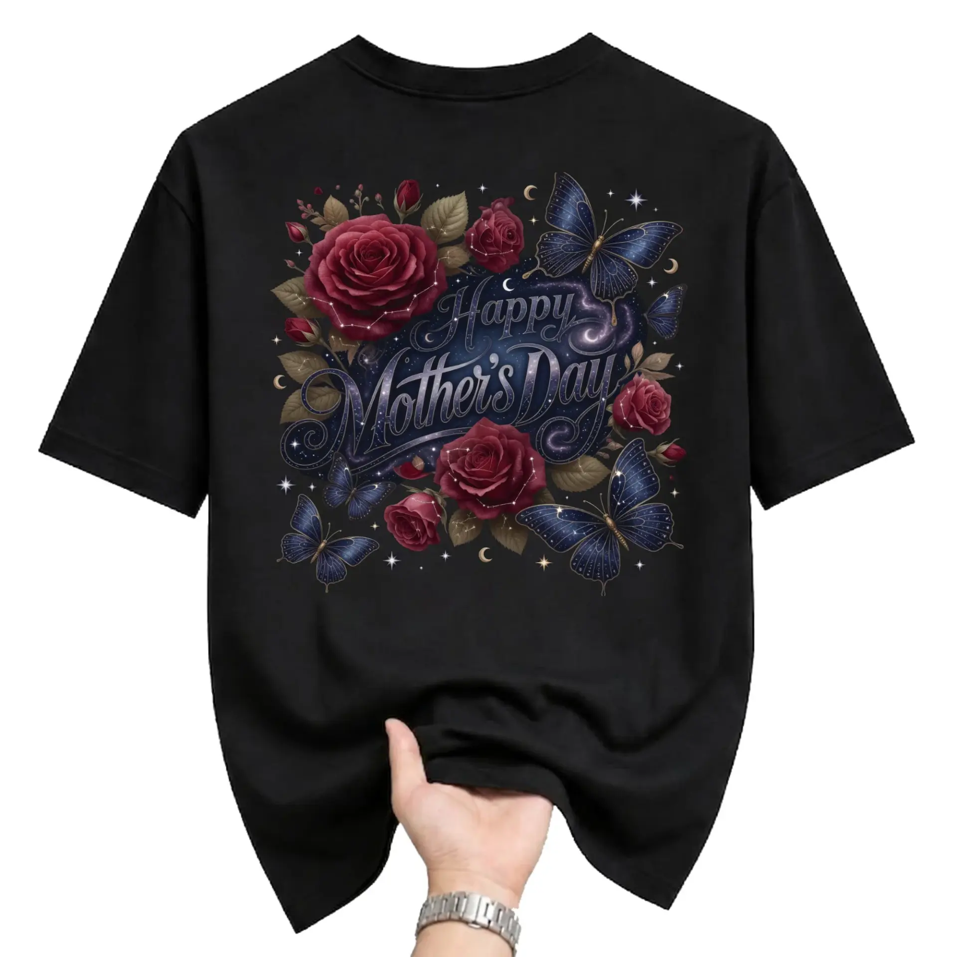Graphic Tee Happy Mother's Day Floral Butterfly Print Black Unisex Short Sleeve Crew Neck Cotton Blend Casual Shirt