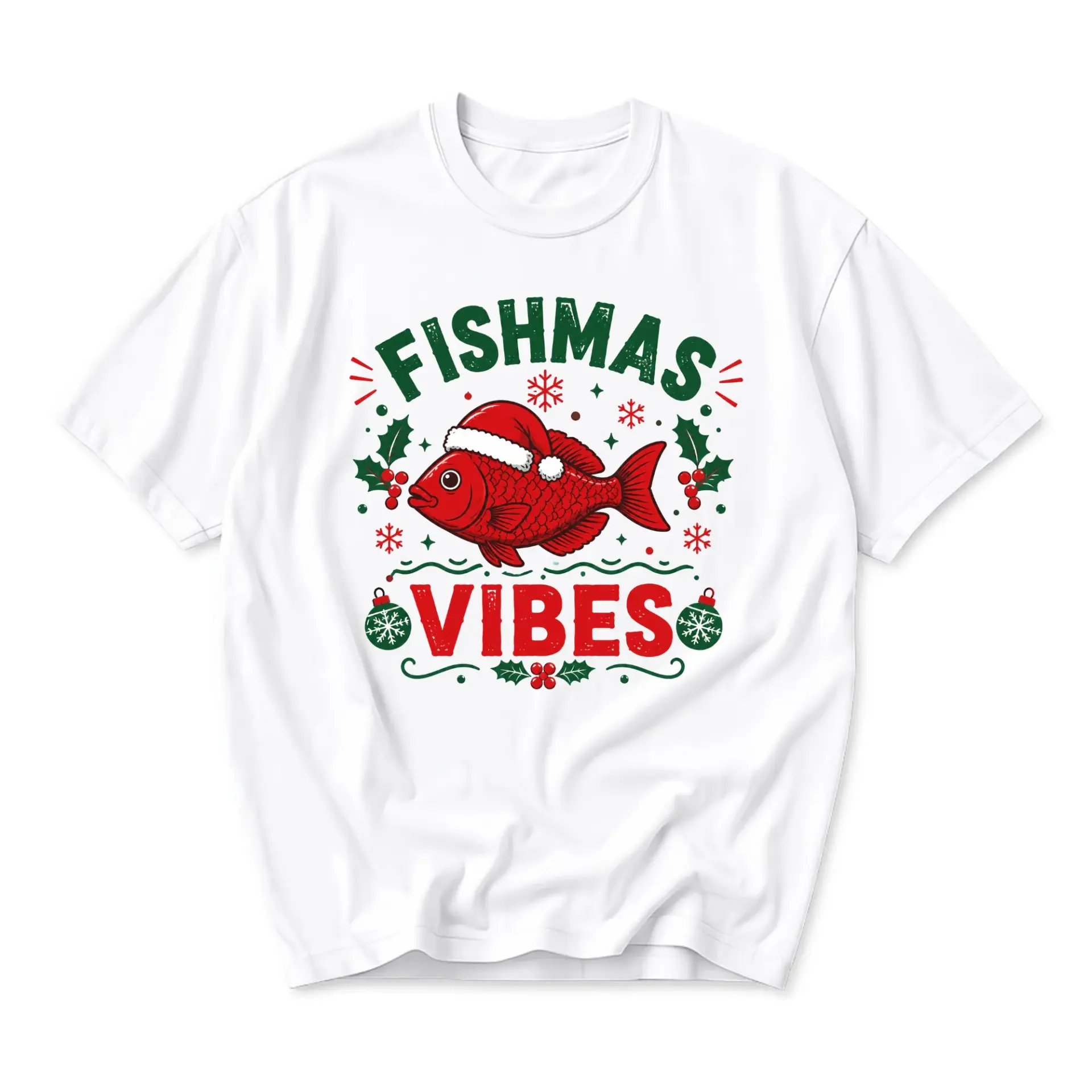 Funny Shirt Fishmas Holiday Graphic Tee Fishing Apparel Casual Unisex Crew Neck Seasonal Print Top