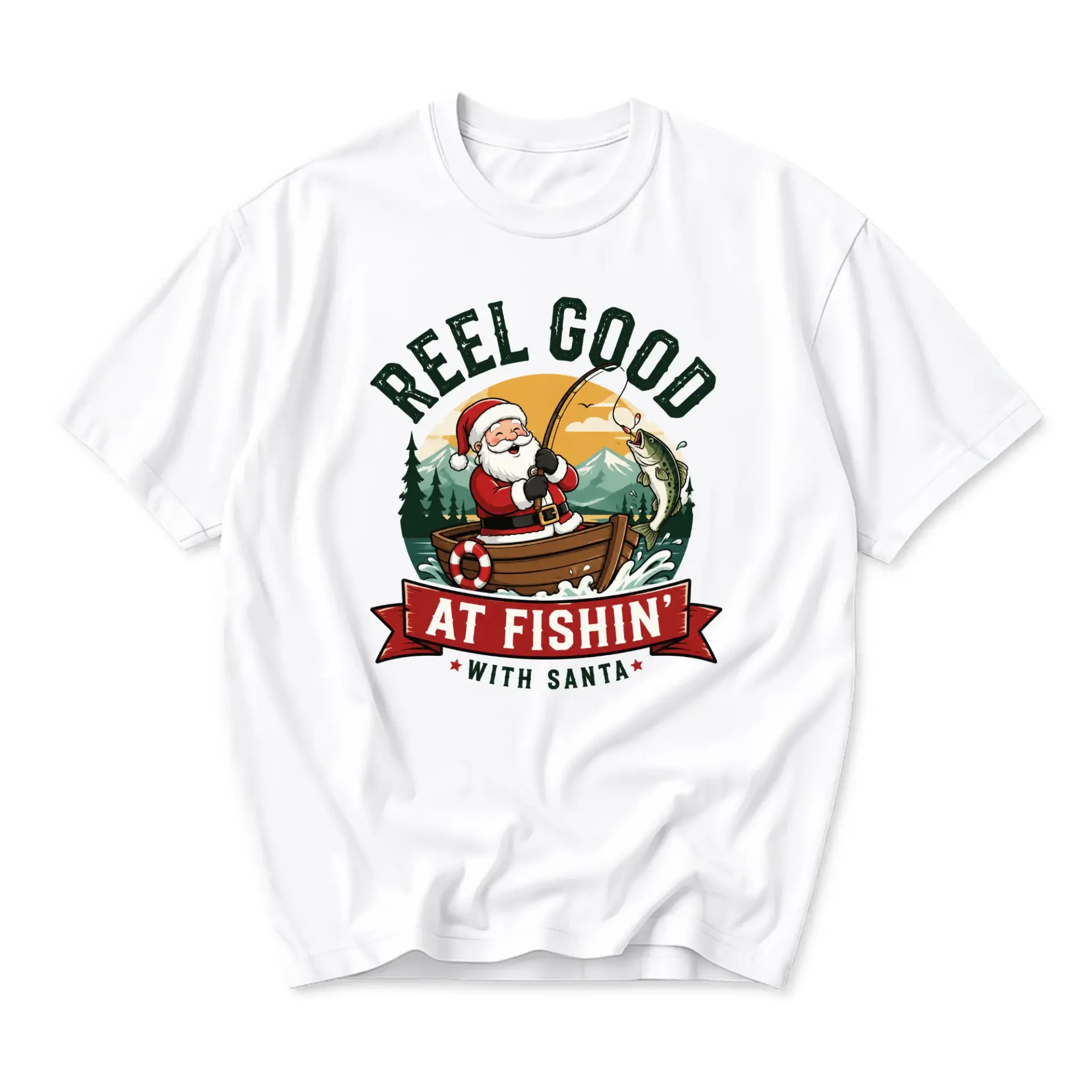 Graphic Tee Reel Good at Fishin with Santa Fishing Holiday Unisex Crew Neck Casual Everyday Short Sleeve Cotton Shirt