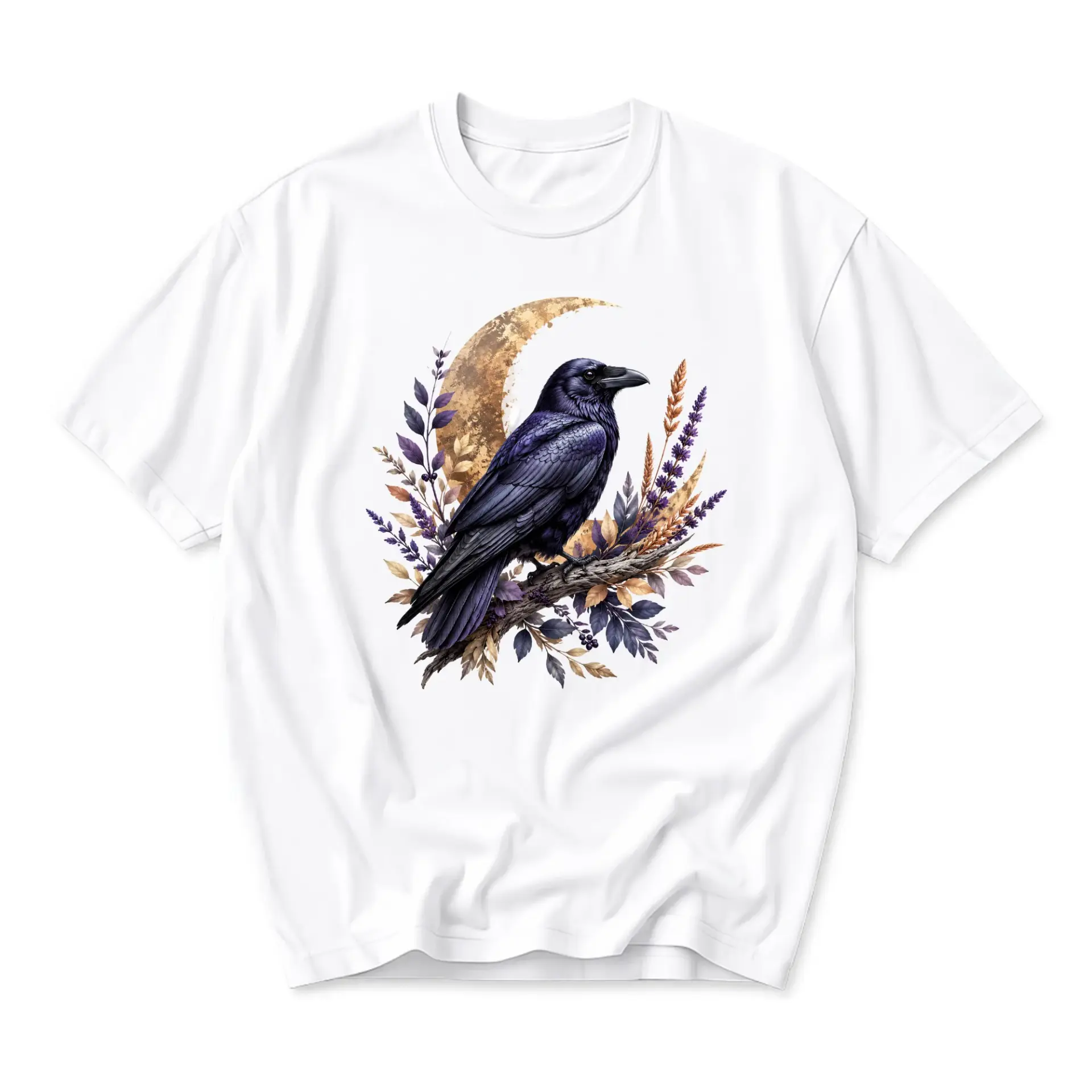 Graphic Tee Raven and Moon Botanical Art Print Unisex Casual Crew Neck Soft Cotton Blend Everyday Fashion Apparel White