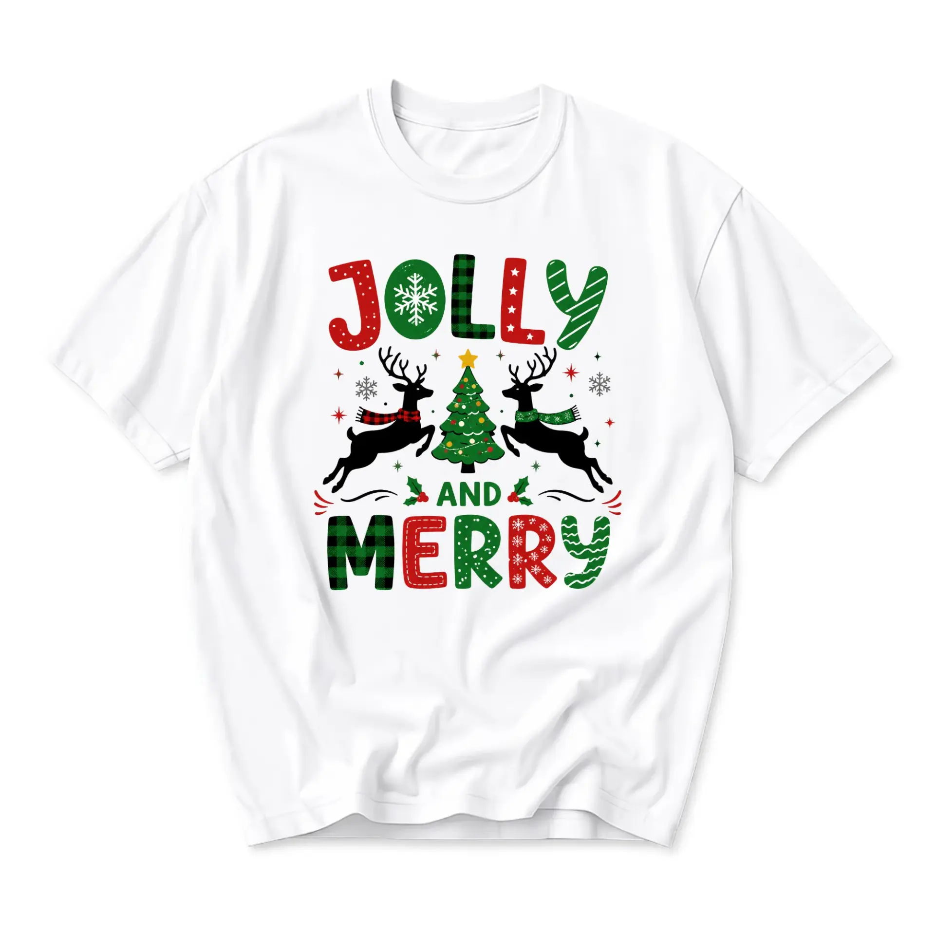 Graphic Tee Jolly and Merry Christmas Shirt Unisex Holiday Season Apparel Festive Reindeer Tree Graphic T-Shirt White