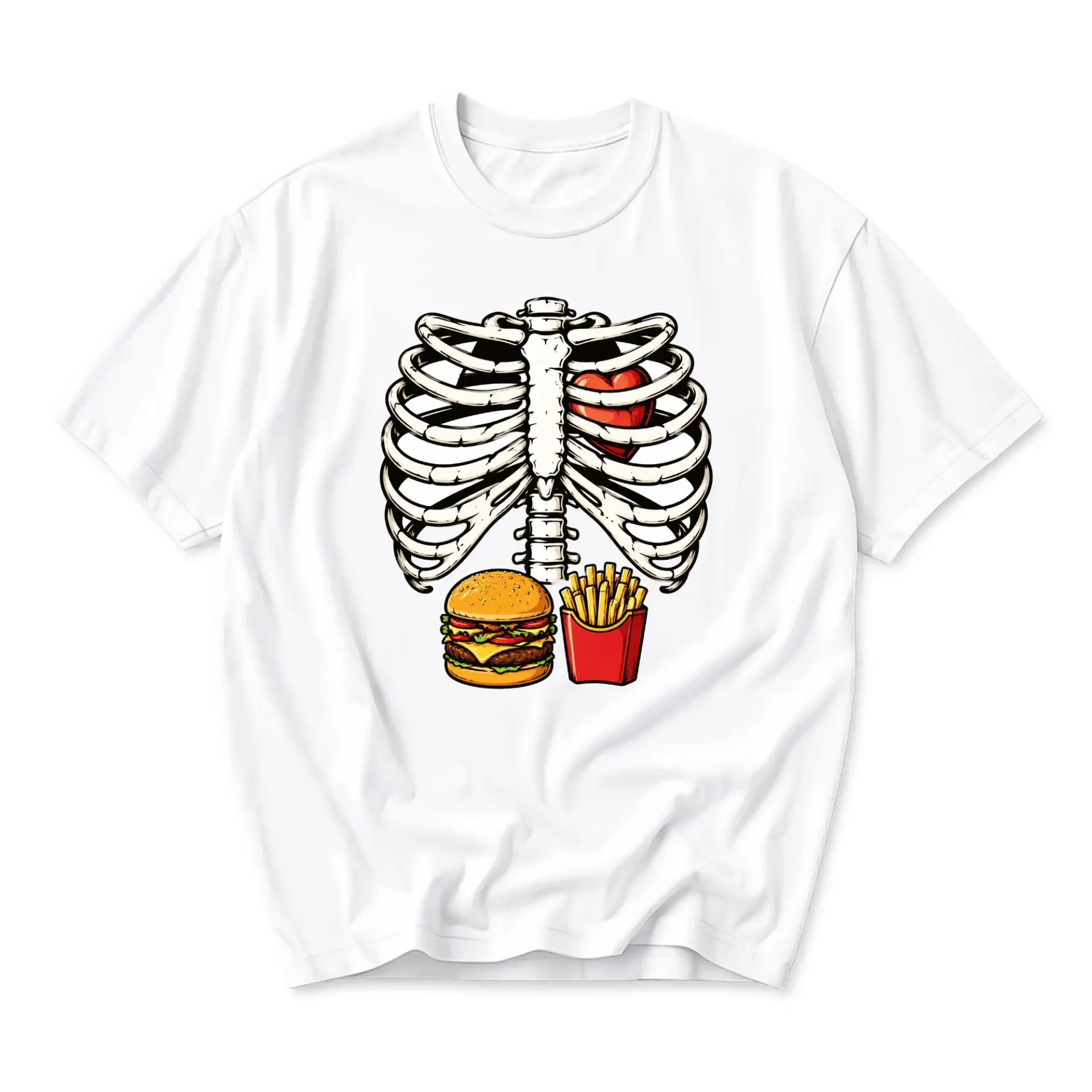 Graphic Tee Rib Cage Heart Hamburger and French Fries Print Unisex Crew Neck Casual Everyday Statement Cotton Shirt