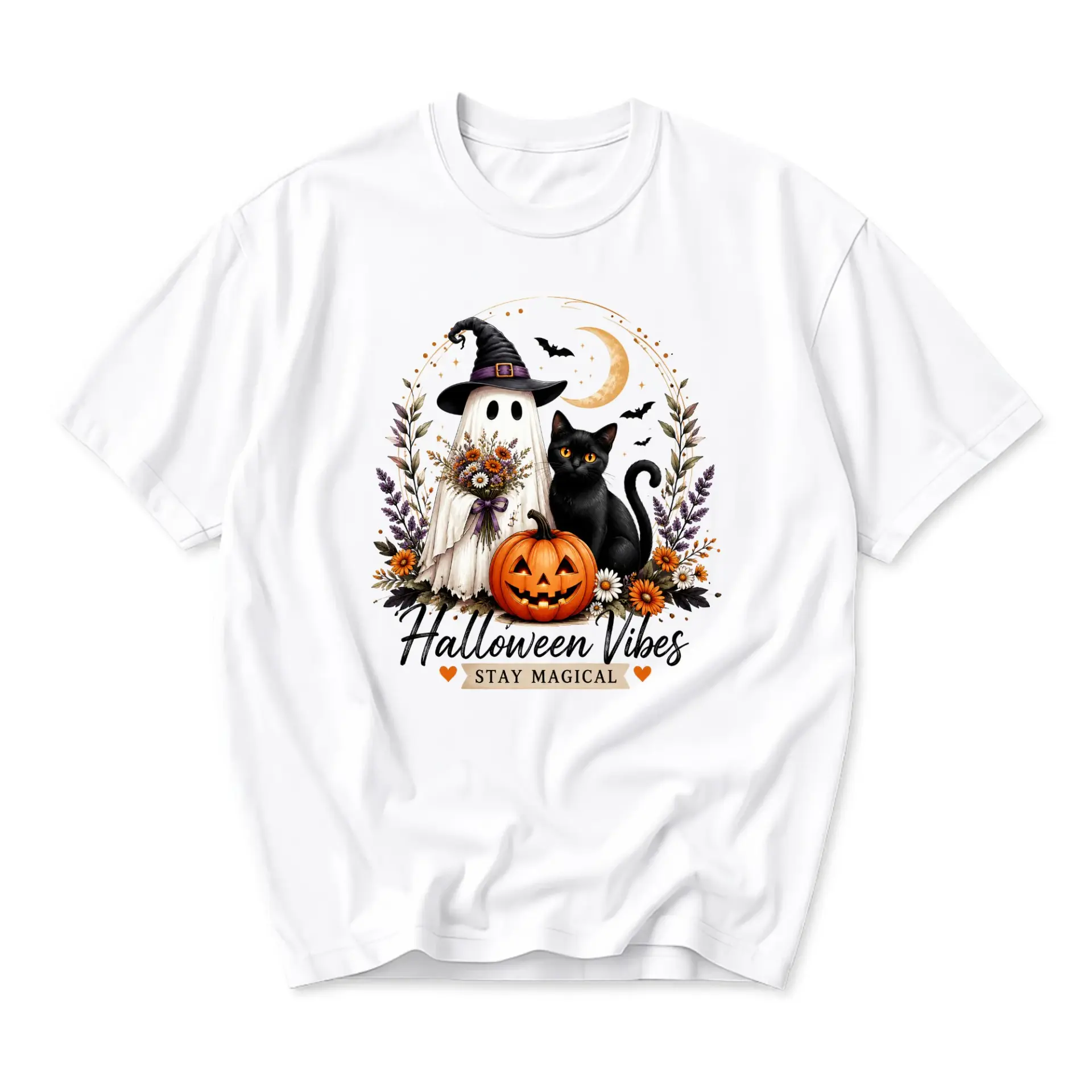 Graphic Tee Halloween Vibes Stay Magical Unisex Crew Neck T-Shirt Featuring Spooky Ghost Cat Pumpkin Floral Design