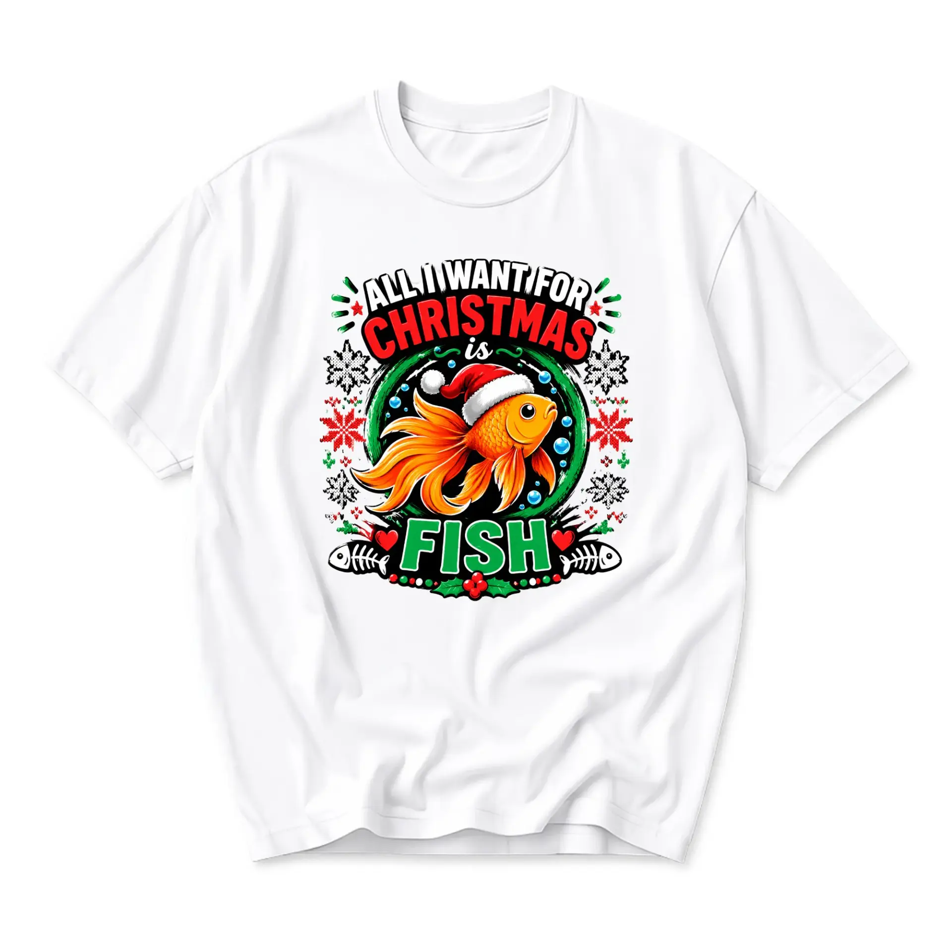 Funny Shirt All I Want for Christmas Is Fish Graphic Tee Unisex Crew Neck
