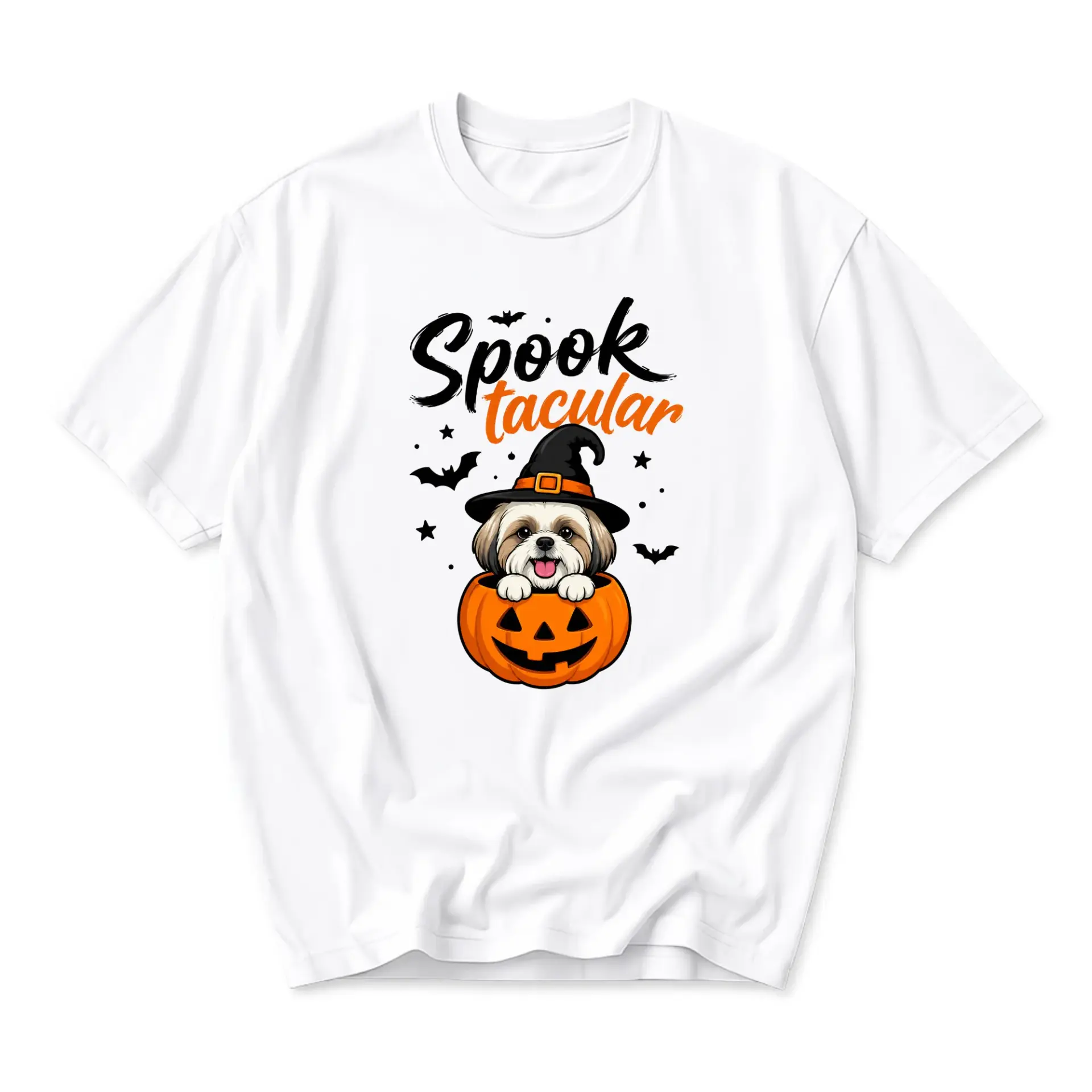 Funny Shirt Spooktacular Halloween Dog in Pumpkin Graphic Tee Unisex Crew Neck Casual Everyday Wear Soft Cotton