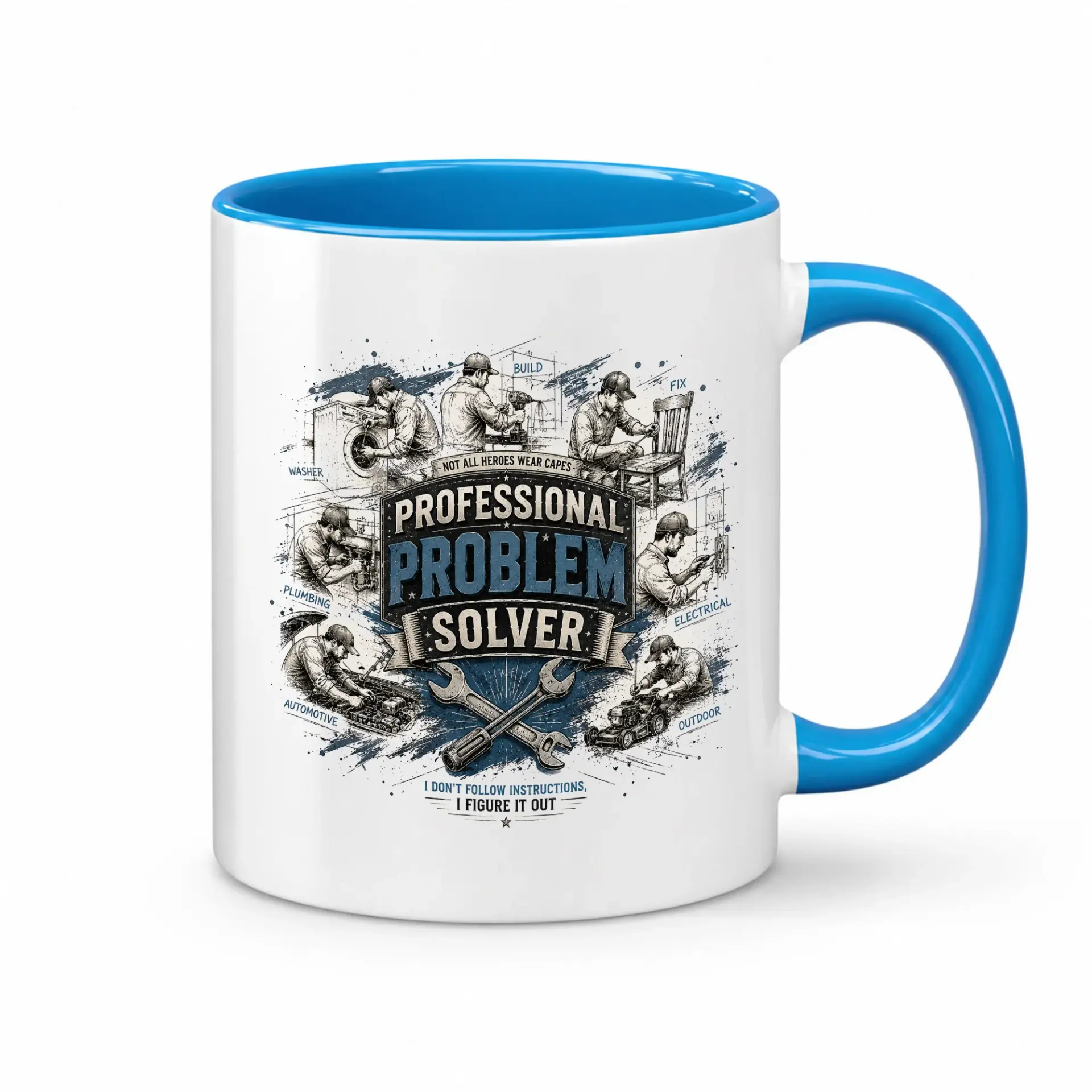 Professional Problem Solver Accent Mug with Handyman Blueprint Graphic and Motivational Text for Home or Office Decor