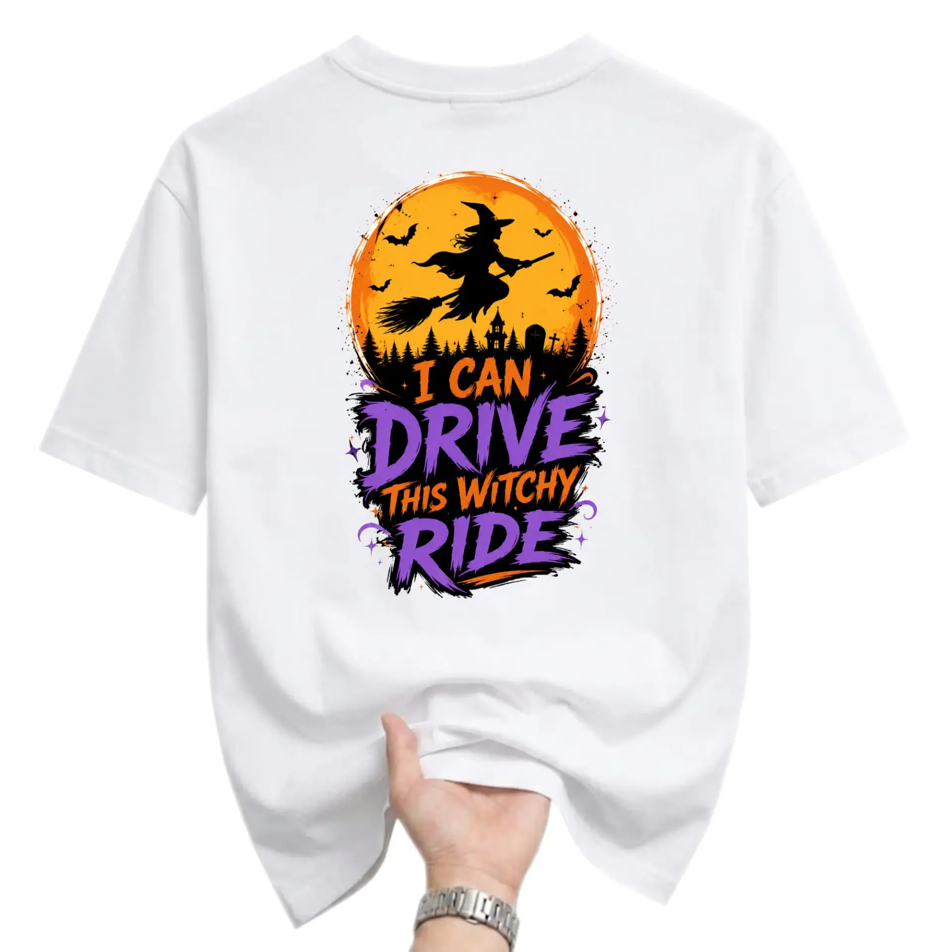 Funny Shirt I Can Drive This Witchy Ride Graphic Tee Unisex Crew Neck Halloween Holiday Casual Cotton Apparel Top