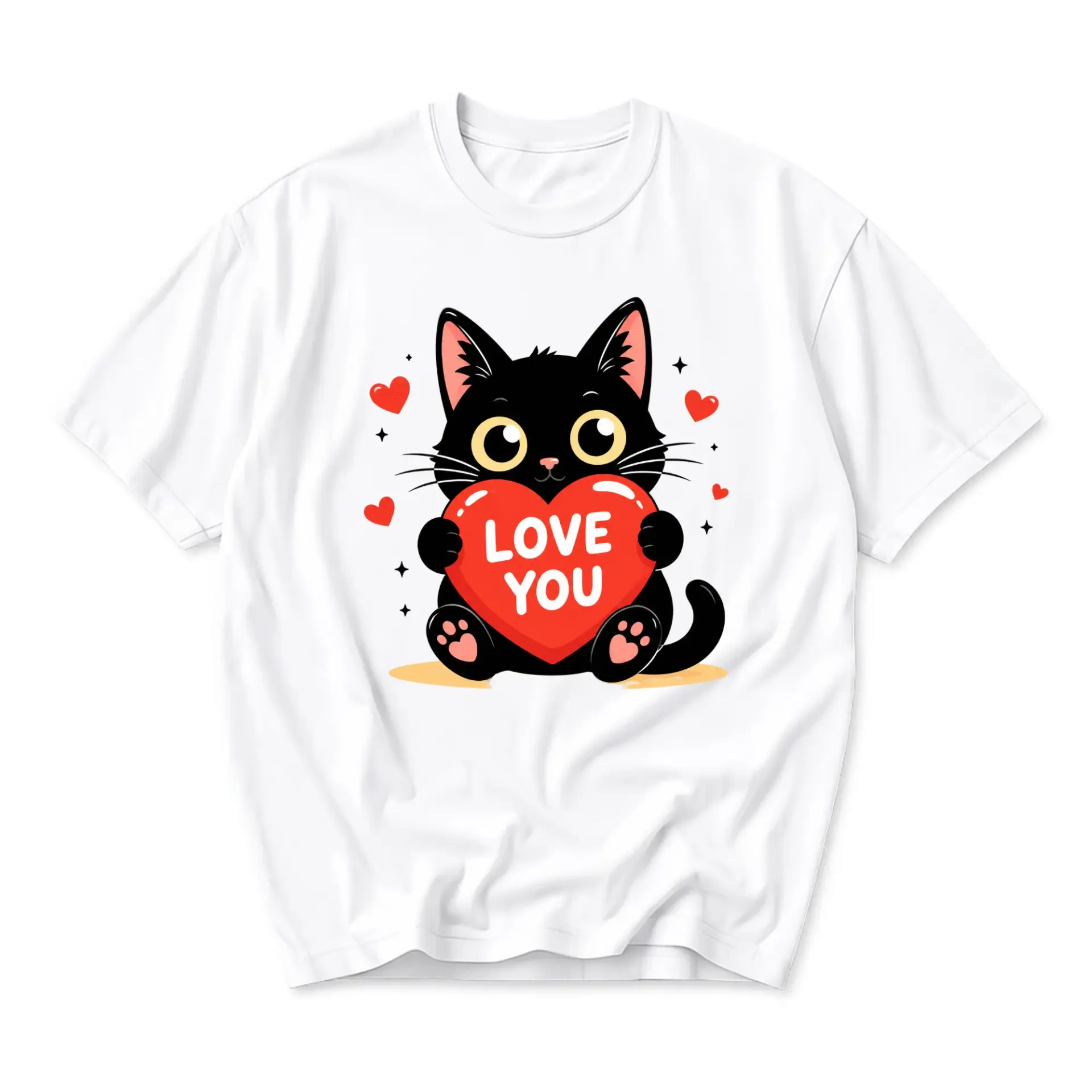 Graphic Tee Unisex Black Cat Holding a Red Heart Love You Illustration Comfortable Soft Cotton Everyday Casual Wear