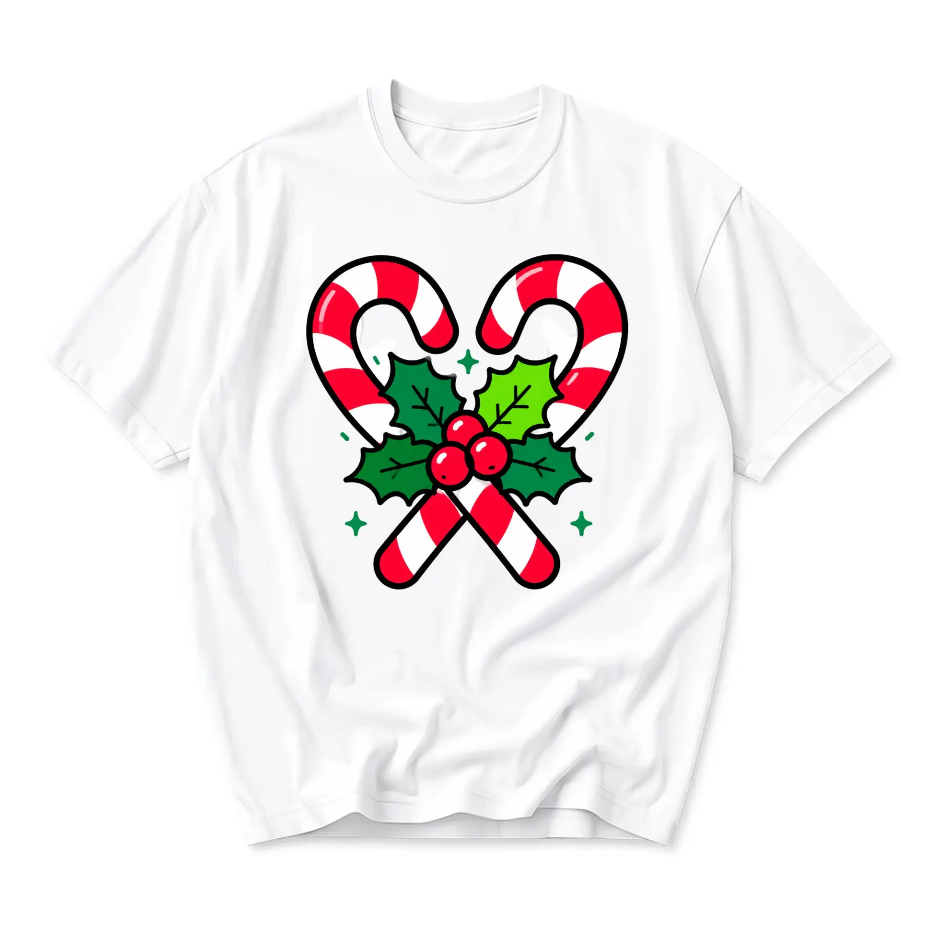 Graphic Tee Candy Cane and Holly Holiday Print Unisex Crew Neck T-Shirt