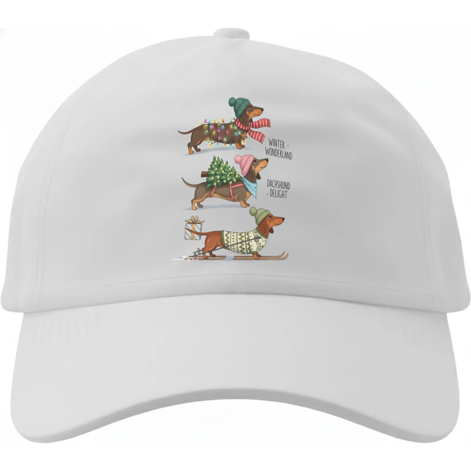 Baseball Cap Featuring Festive Dachshund Dogs Winter Holiday Graphic Print Low Profile Structured Dad Hat Accessory