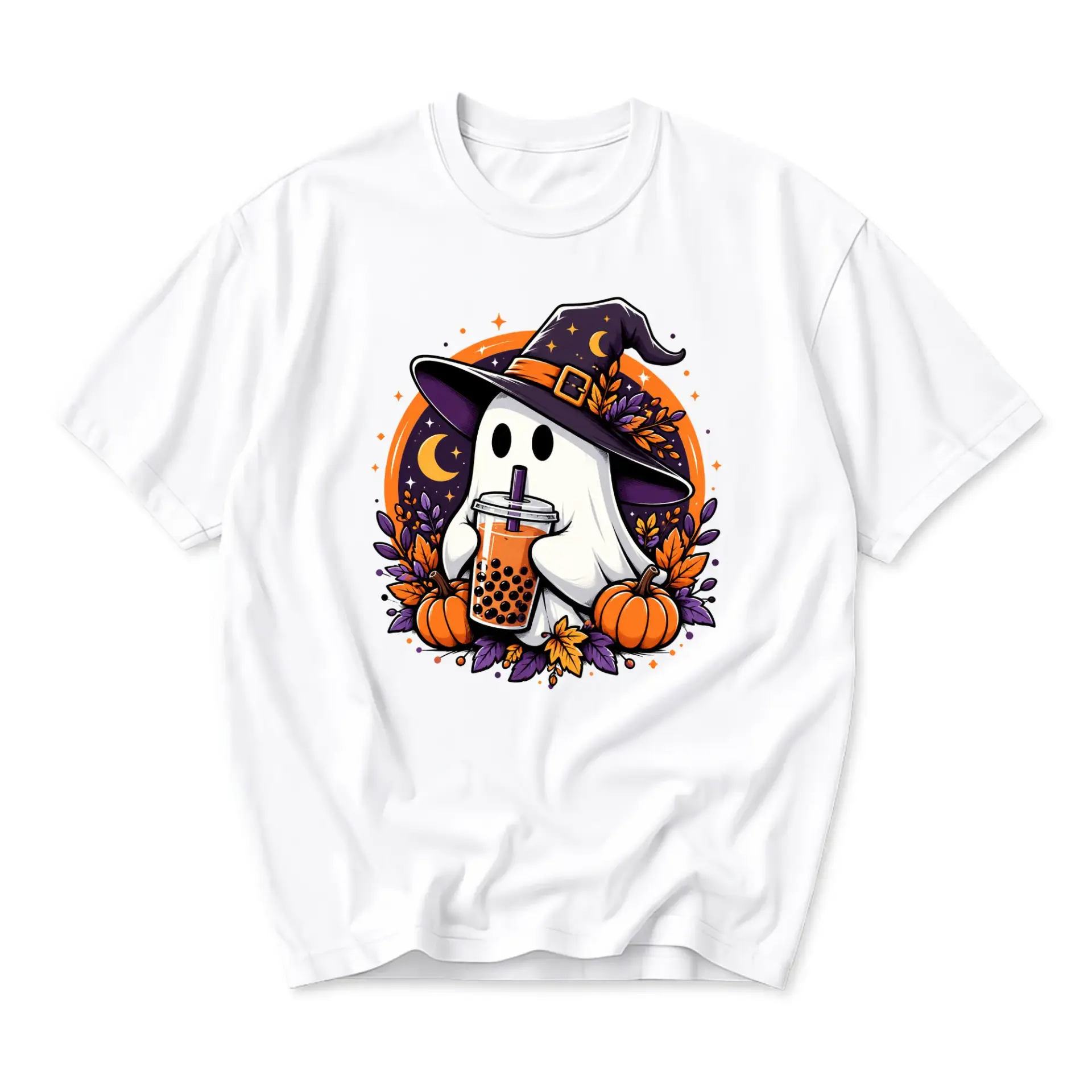 Graphic Tee Unisex Crew Neck T-Shirt Featuring Cute Witch Ghost Drinking Boba Tea with Autumn Pumpkins Halloween Design