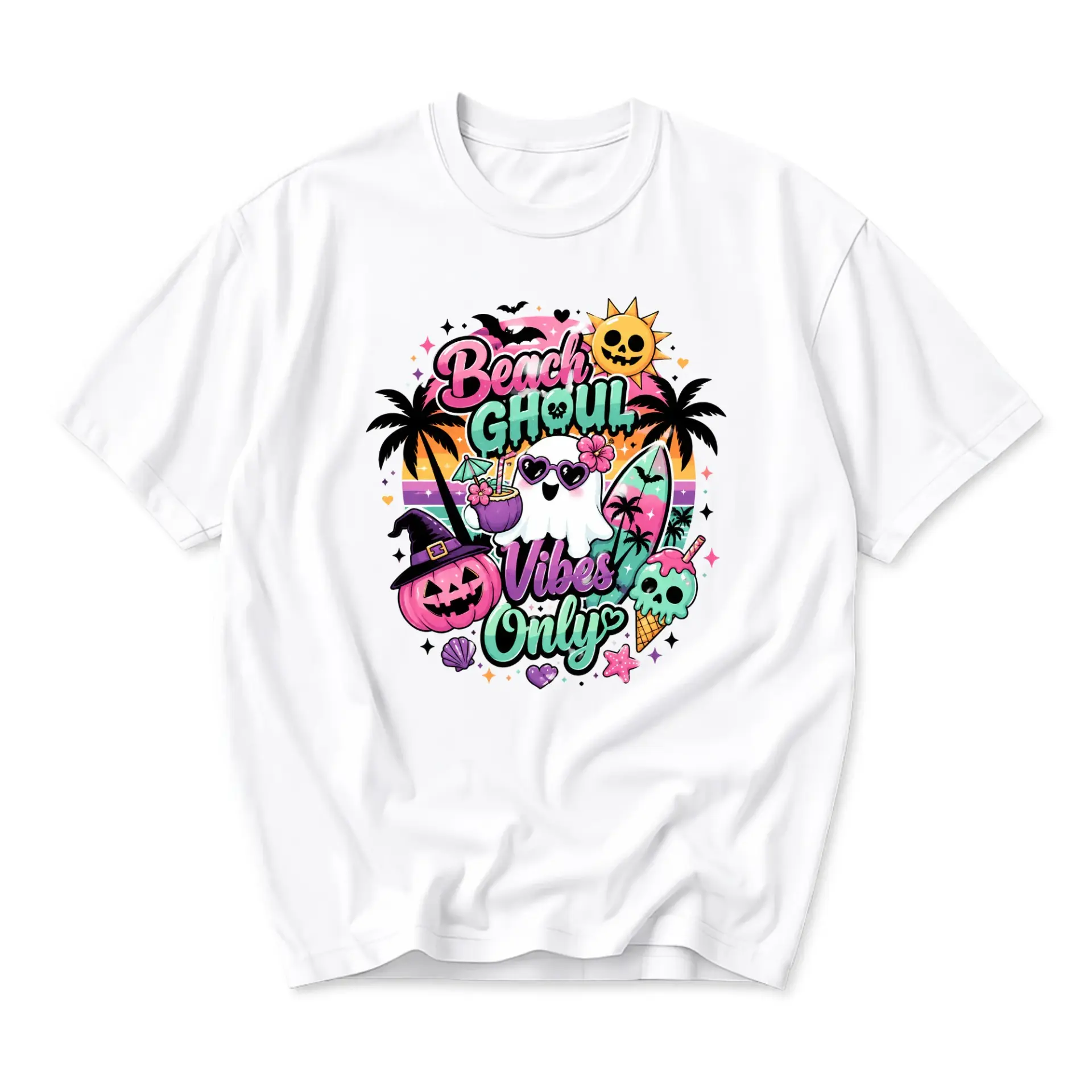 Graphic Tee Beach Ghoul Vibes Only Shirt Tropical Summer Halloween Print Unisex Casual Cotton Crew Neck T-Shirt