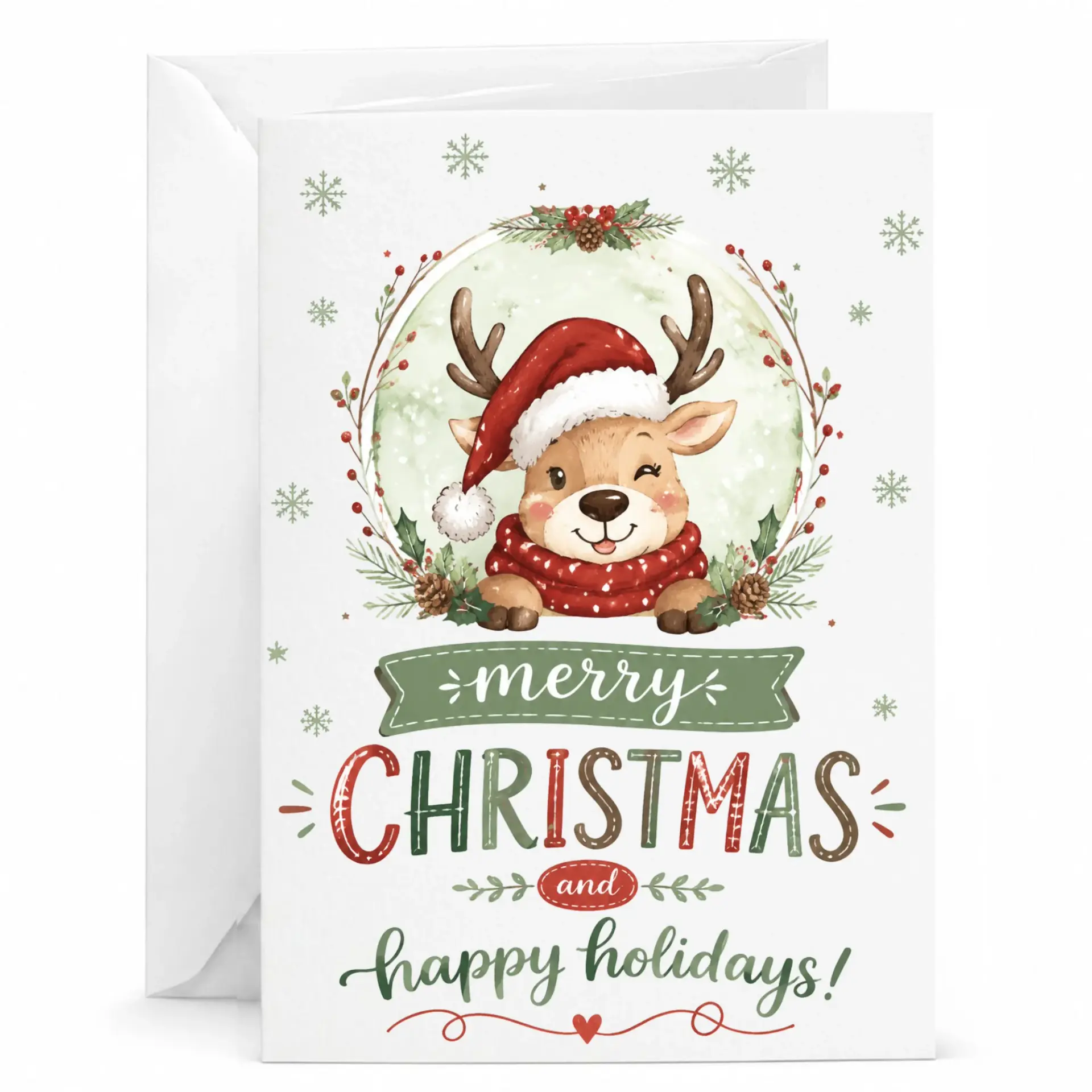 Greeting Card Merry Christmas and Happy Holidays with Cute Reindeer Illustration and Festive Holiday Season Wreath Design
