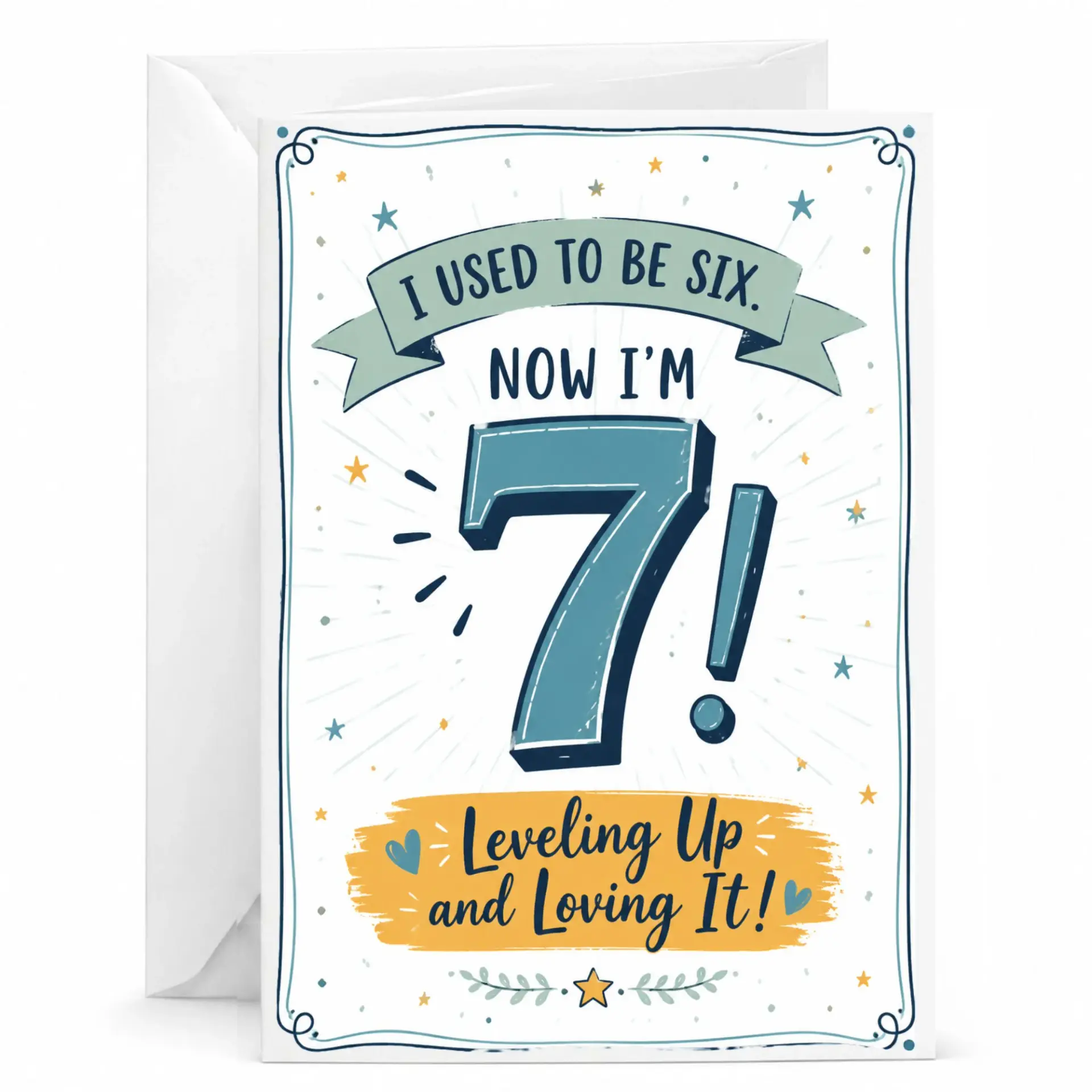 Birthday Card Seven Years Old Greeting Funny Milestone Design with Matching White Envelope