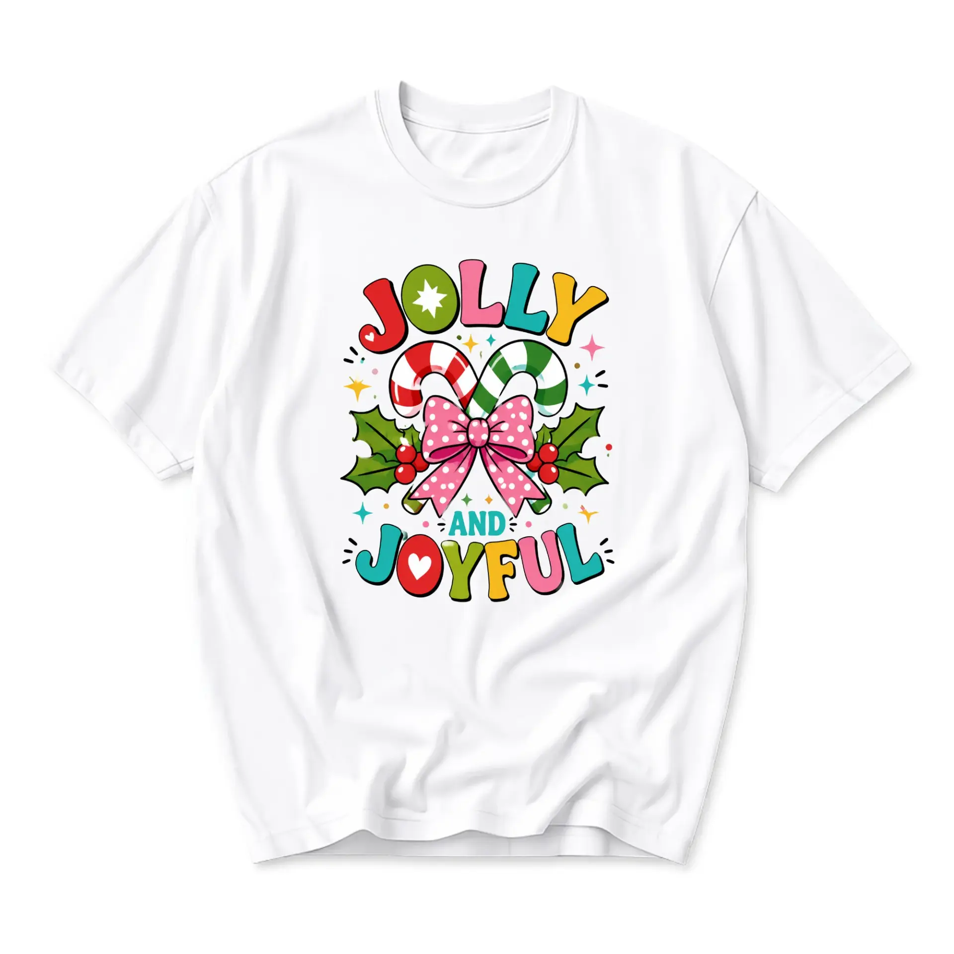 Graphic Tee Jolly and Joyful Candy Cane Holiday Seasonal Shirt Retro Style Unisex Casual Crew Neck Apparel White