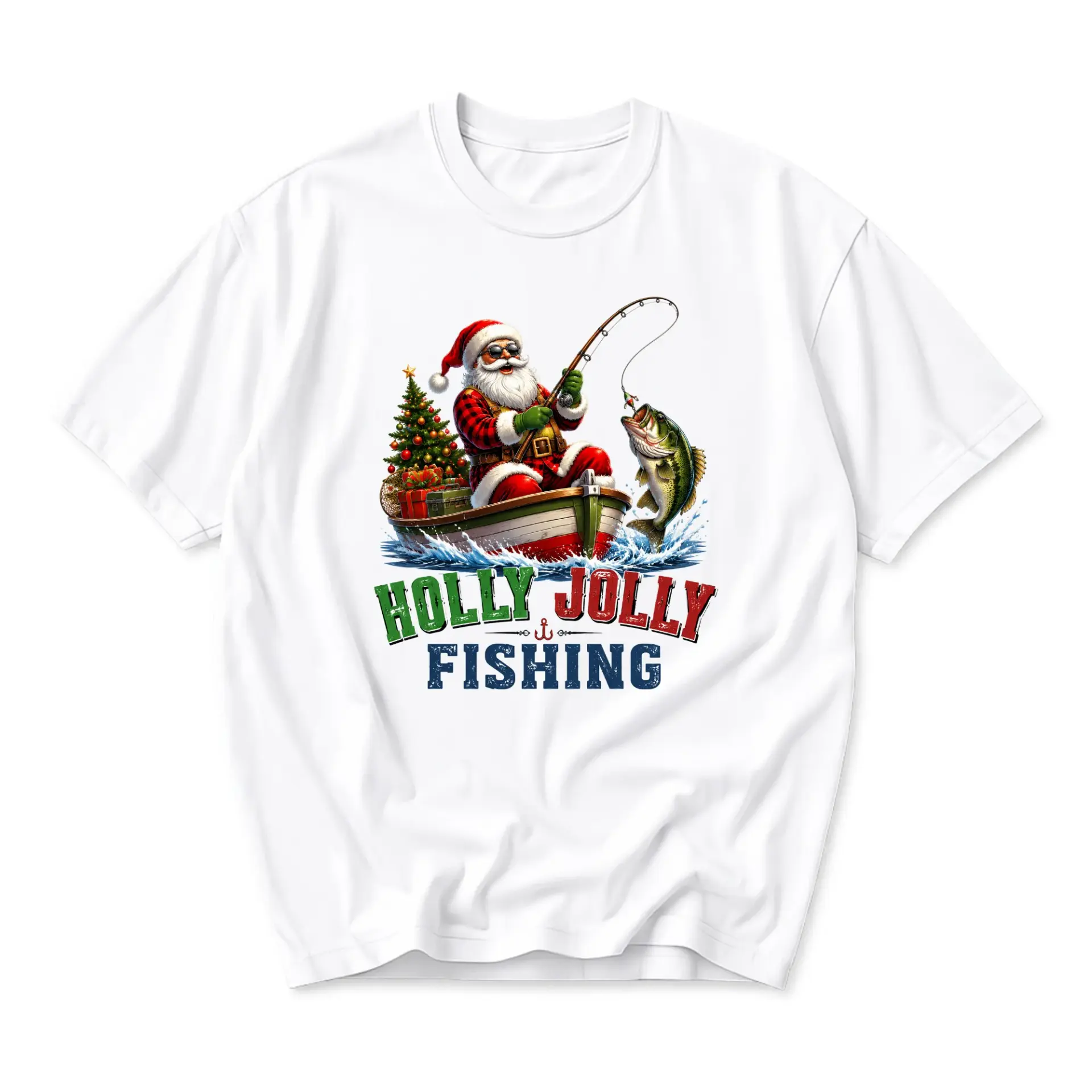 Graphic Tee Fishing Santa Christmas T-Shirt Unisex Crew Neck Holiday