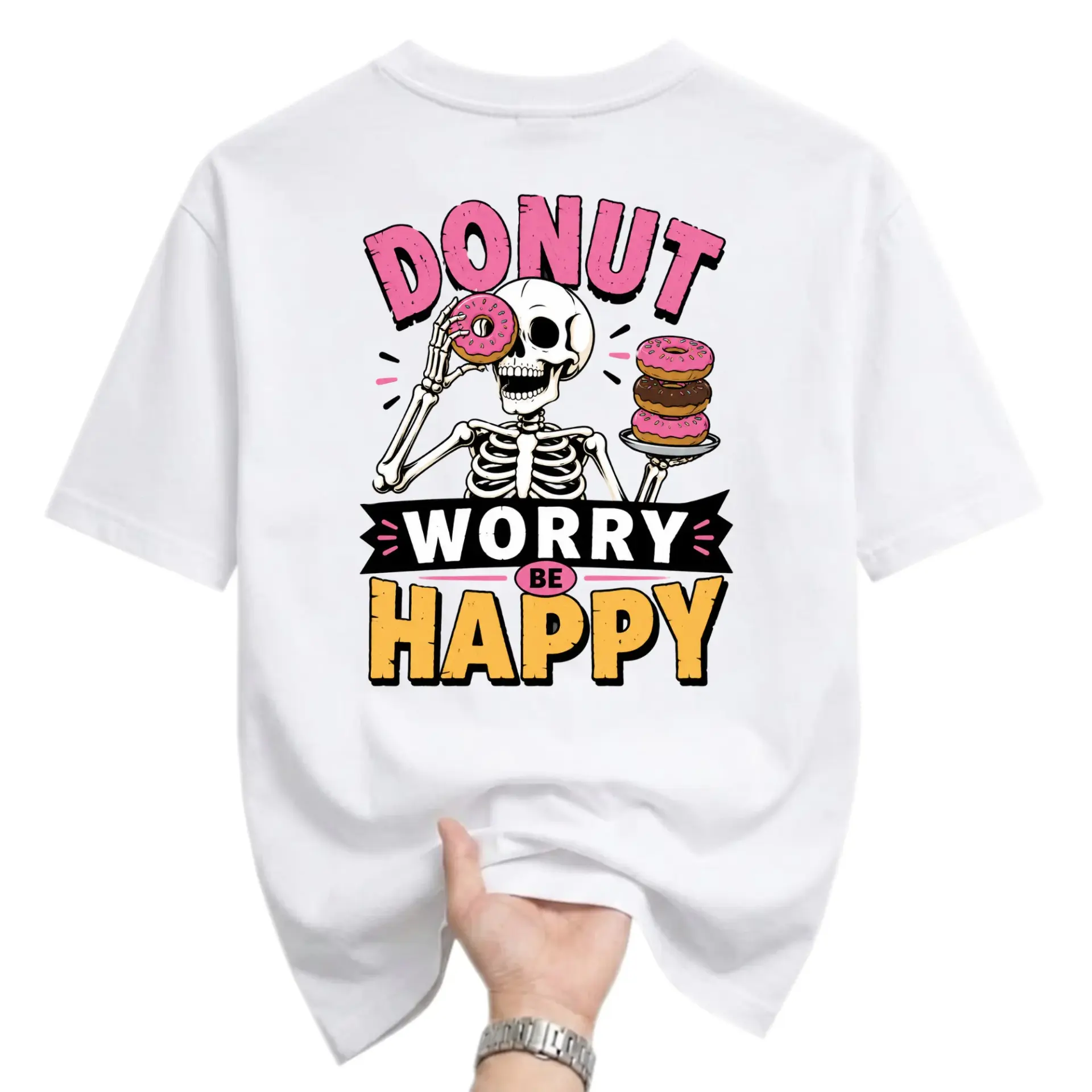 Funny Shirt Donut Worry Be Happy Skeleton Graphic Tee Casual Unisex Crew Neck Short Sleeve Cotton Blend T-Shirt