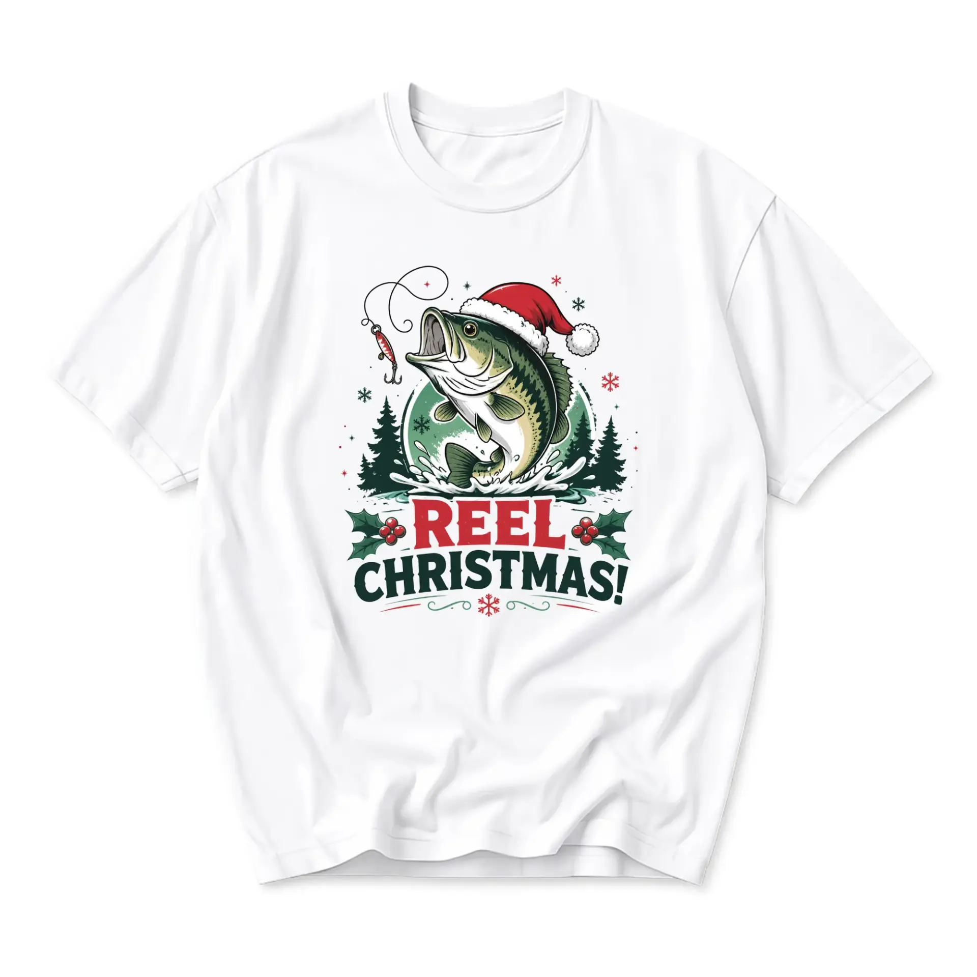 Graphic Tee Reel Christmas Fishing Shirt Unisex Holiday Short Sleeve Crew