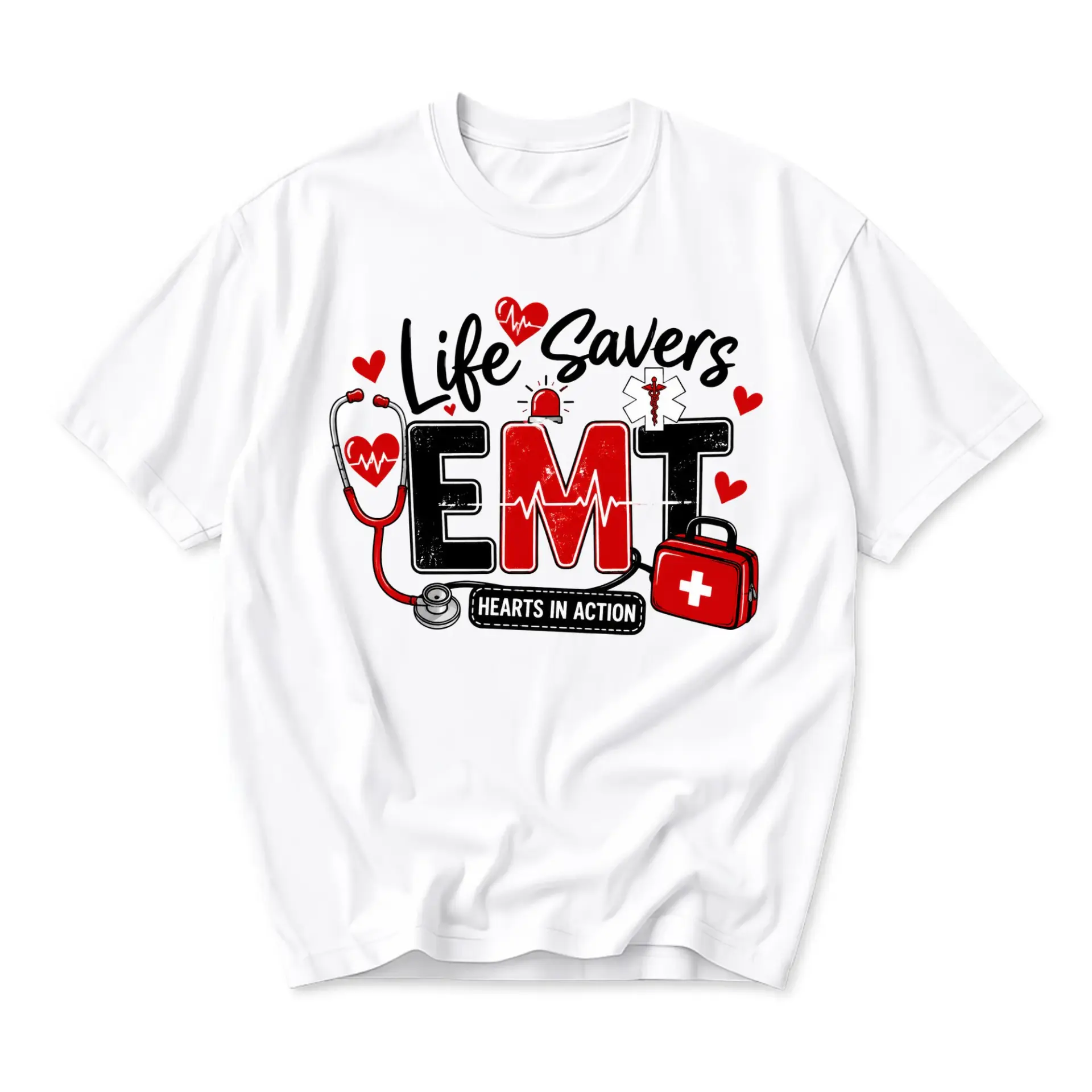 T-shirt Life Savers Emt Hearts in Action Graphic Tee Professional Medical Emergency Response Crew Neck Apparel