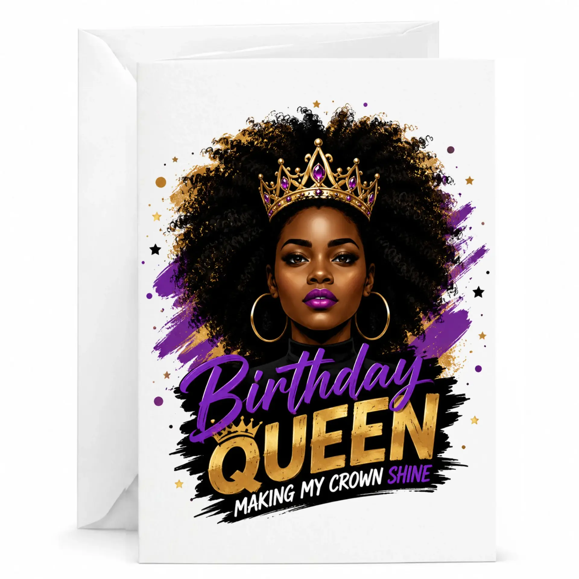 Birthday Queen Greeting Card Afrocentric Crown Design with Purple and Gold Accents for Celebrating Special Occasions