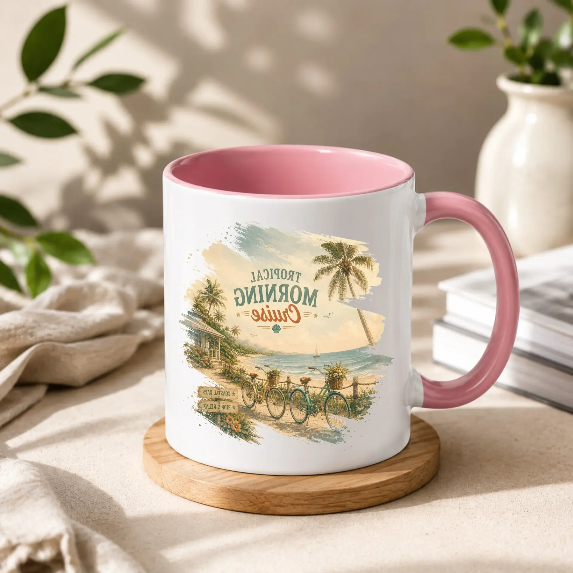 Tropical Morning Cruise Coffee Mug Ceramic Beverage Cup with Scenic Beach Bicycle Two Blue Handle Design